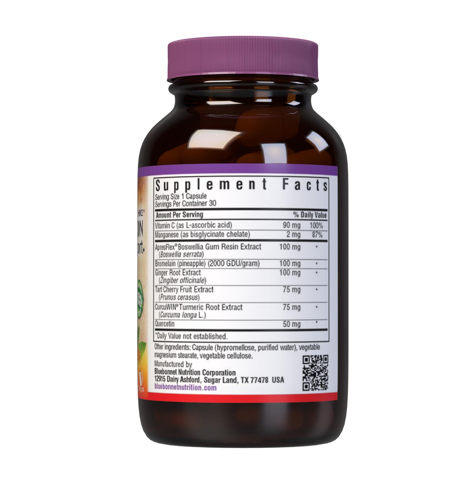 Bluebonnet’s Targeted Choice Pain and Inflammation Support 30 Vegetable Capsules are specially formulated with a unique blend of sustainably harvested or wildcrafted herbal extracts, such as CurcuWin (46 x more bioavailable turmeric root extract) and ApresFlex (52% more bioavailable, patent-pending boswellia gum resin extract). Supplement facts panel. #size_30 count