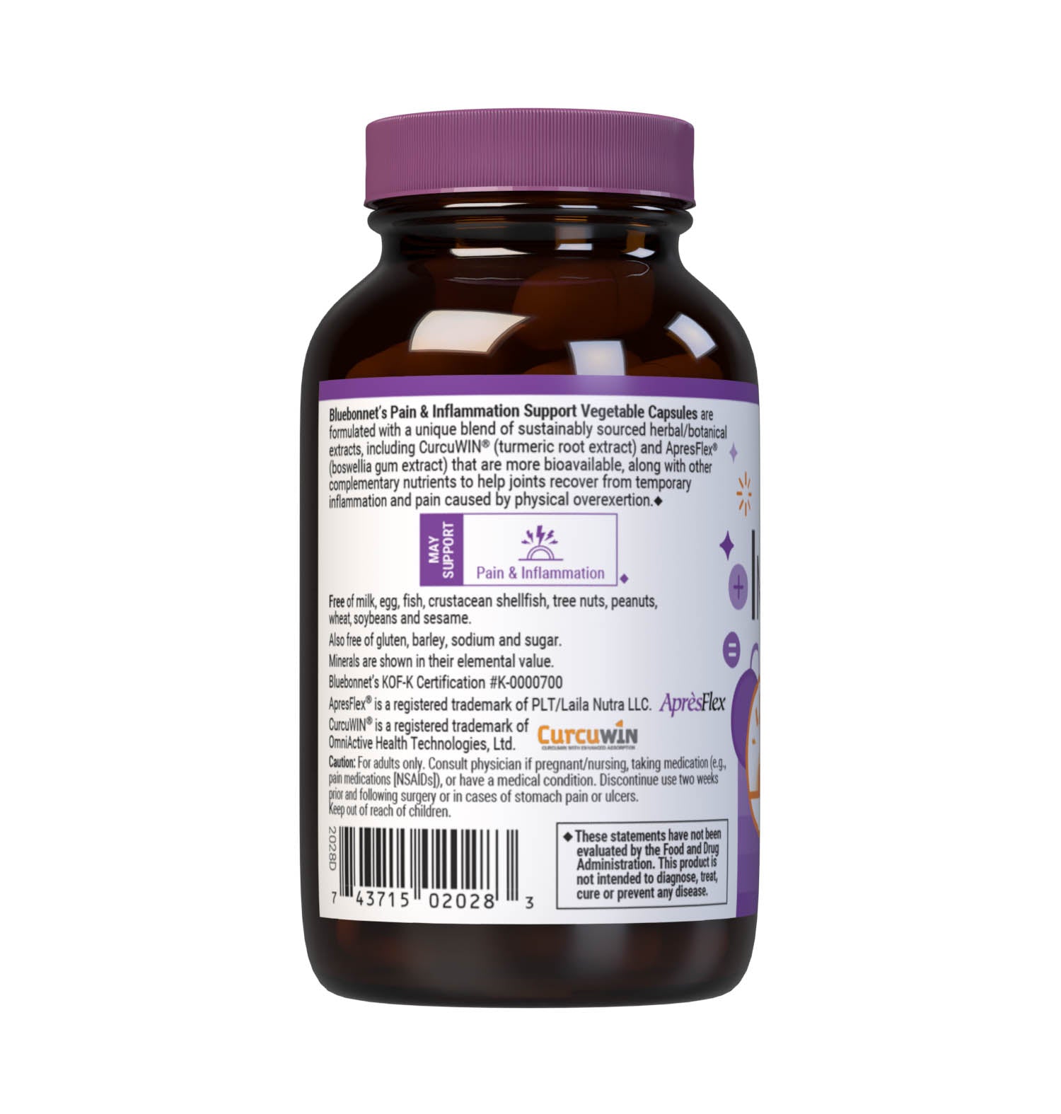 Bluebonnet’s Targeted Choice Pain and Inflammation Support 30 Vegetable Capsules are specially formulated with a unique blend of sustainably harvested or wildcrafted herbal extracts, such as CurcuWin (46 x more bioavailable turmeric root extract) and ApresFlex (52% more bioavailable, patent-pending boswellia gum resin extract). Description panel. #size_30 count