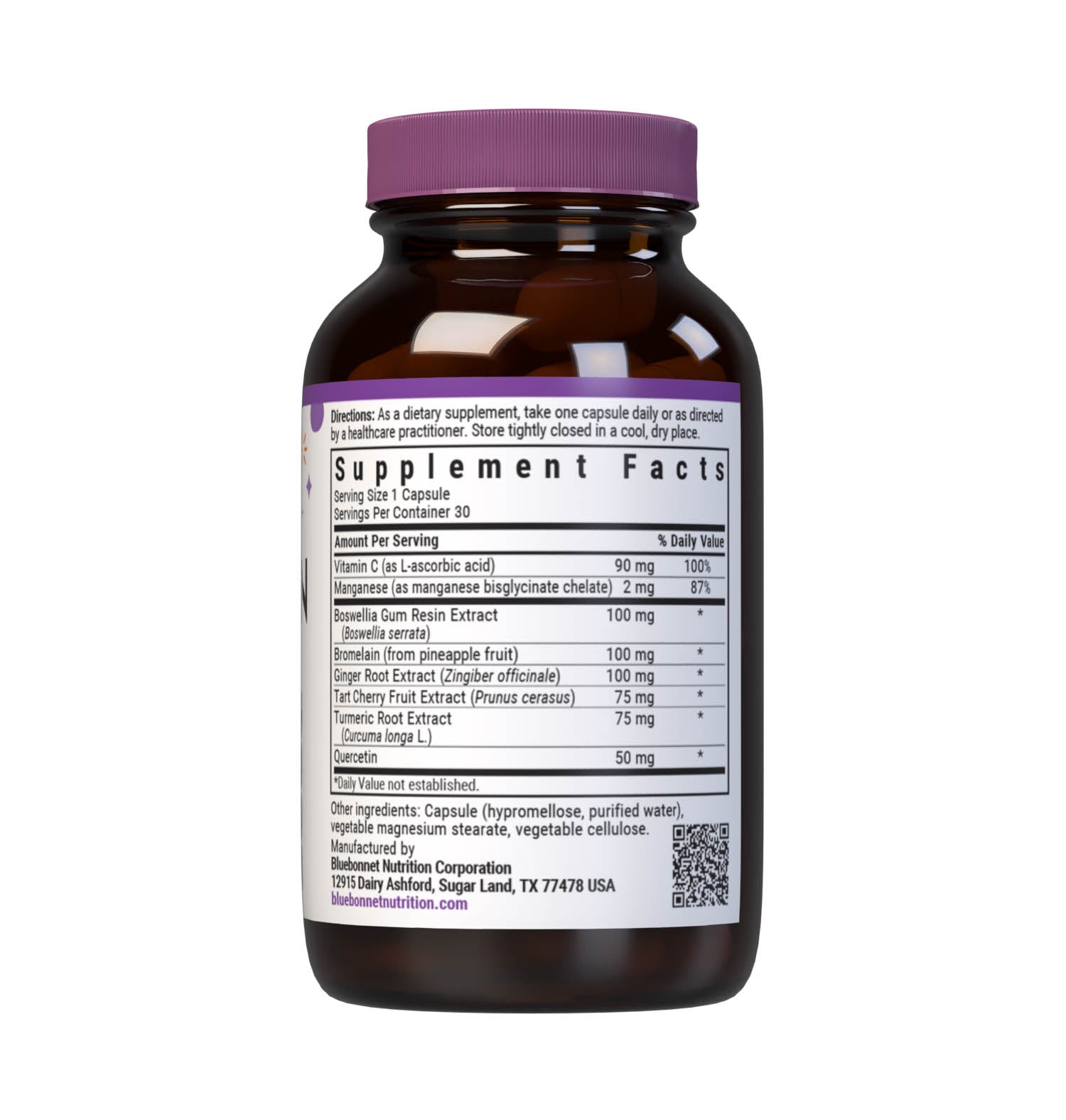 Bluebonnet’s Targeted Choice Pain and Inflammation Support 30 Vegetable Capsules are specially formulated with a unique blend of sustainably harvested or wildcrafted herbal extracts, such as CurcuWin (46 x more bioavailable turmeric root extract) and ApresFlex (52% more bioavailable, patent-pending boswellia gum resin extract). Supplement facts panel. #size_30 count