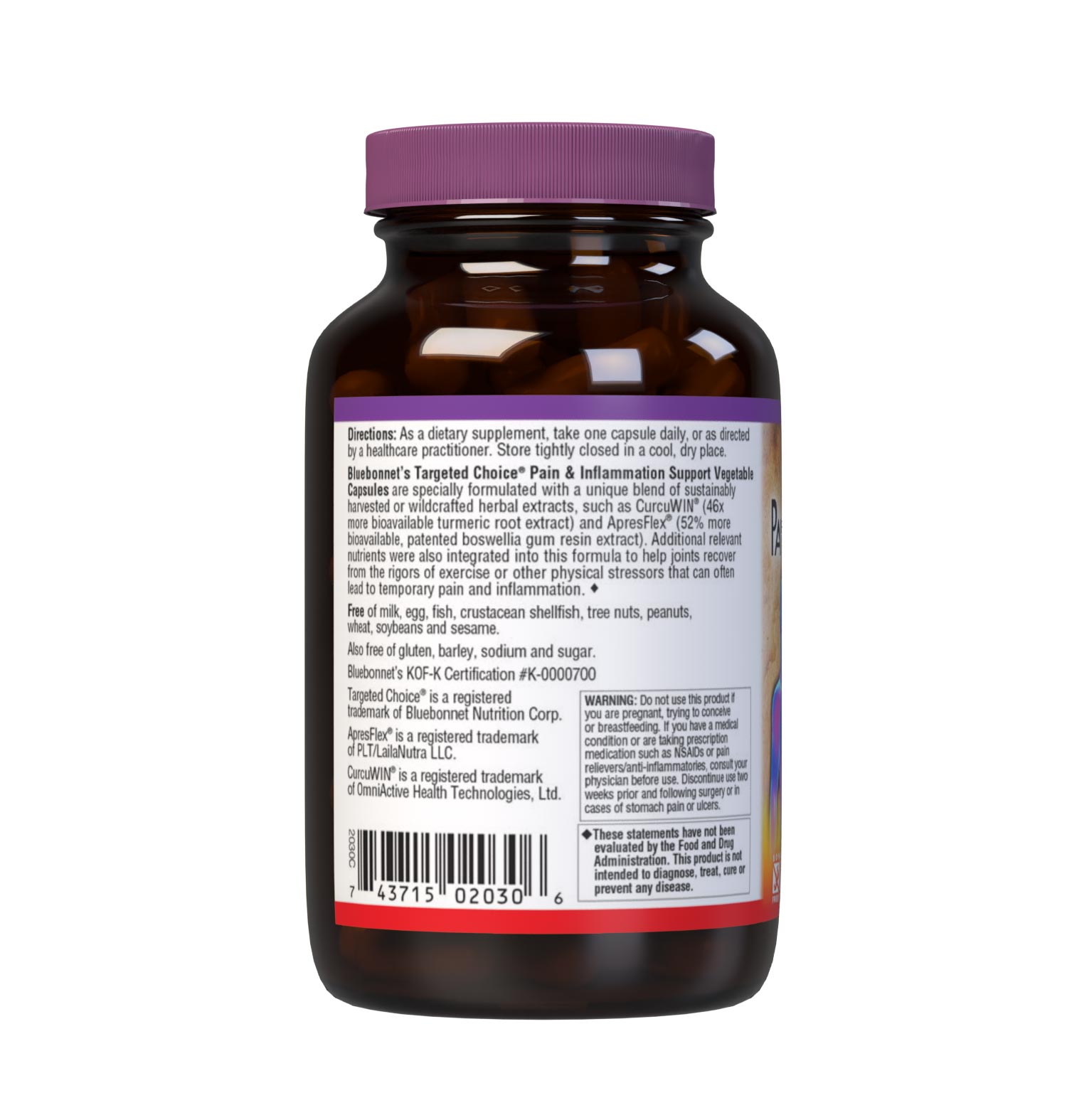 Bluebonnet’s Targeted Choice Pain and Inflammation Support 60 Vegetable Capsules are specially formulated with a unique blend of sustainably harvested or wildcrafted herbal extracts, such as CurcuWin (46 x more bioavailable turmeric root extract) and ApresFlex (52% more bioavailable, patent-pending boswellia gum resin extract). Description panel. #size_60 count