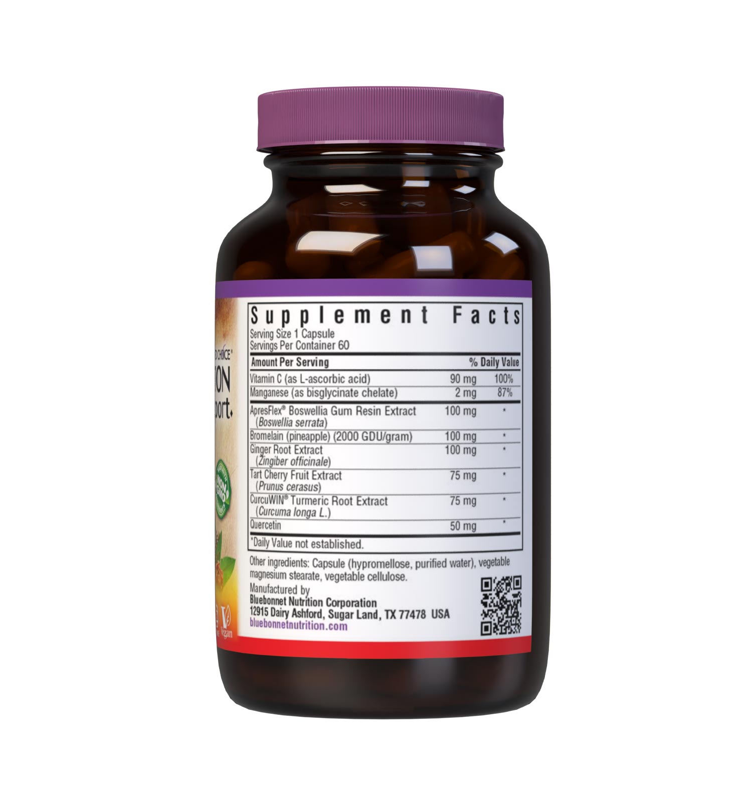 Bluebonnet’s Targeted Choice Pain and Inflammation Support 60 Vegetable Capsules are specially formulated with a unique blend of sustainably harvested or wildcrafted herbal extracts, such as CurcuWin (46 x more bioavailable turmeric root extract) and ApresFlex (52% more bioavailable, patent-pending boswellia gum resin extract). Supplement facts panel. #size_60 count