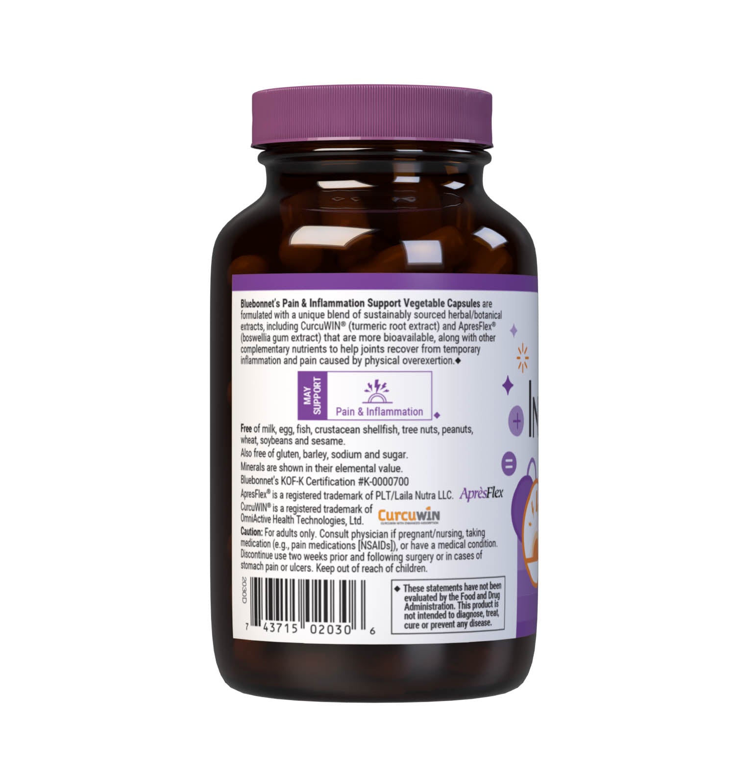 Bluebonnet’s Targeted Choice Pain and Inflammation Support 60 Vegetable Capsules are specially formulated with a unique blend of sustainably harvested or wildcrafted herbal extracts, such as CurcuWin (46 x more bioavailable turmeric root extract) and ApresFlex (52% more bioavailable, patent-pending boswellia gum resin extract). Description panel. #size_60 count