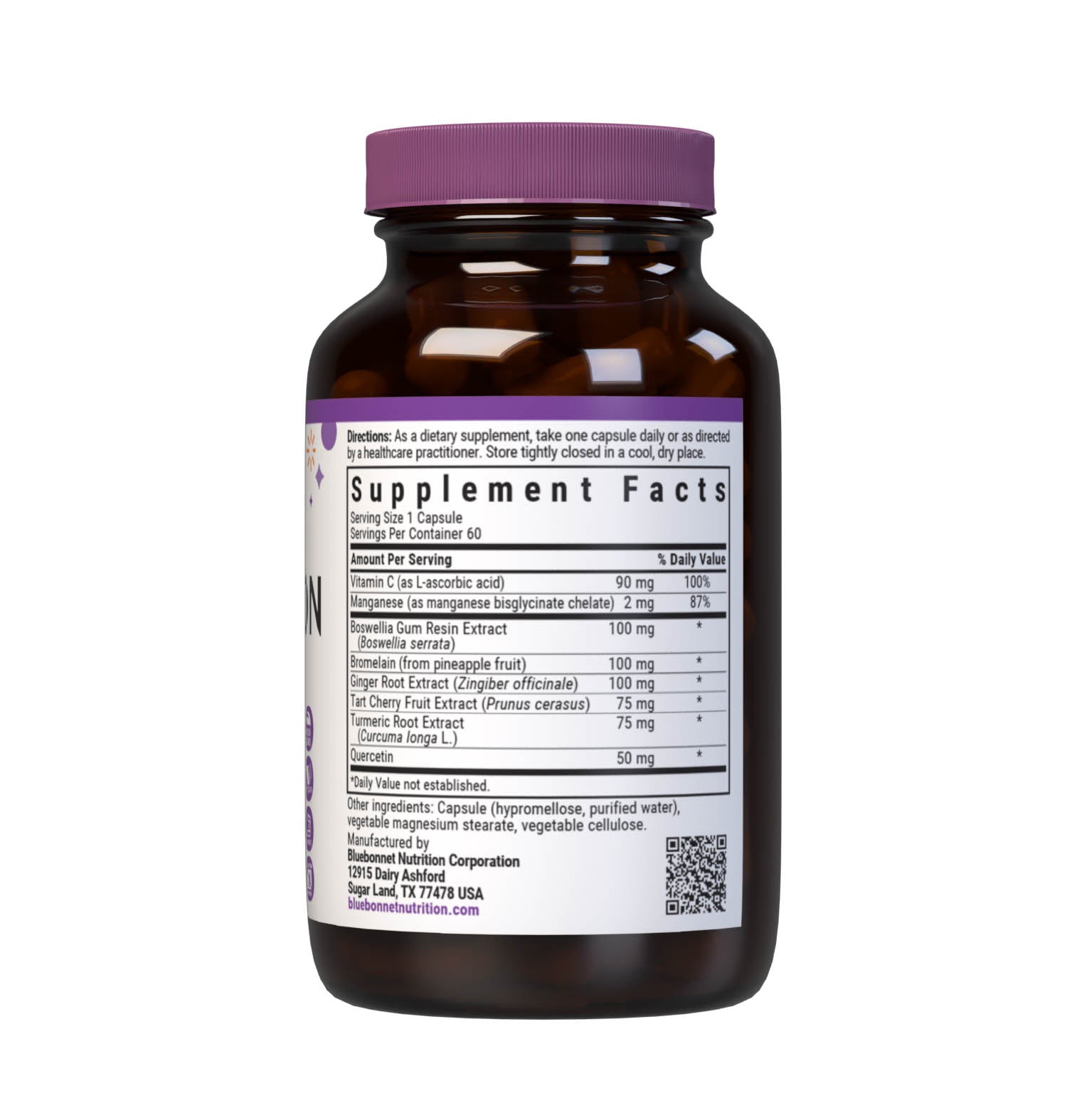 Bluebonnet’s Targeted Choice Pain and Inflammation Support 60 Vegetable Capsules are specially formulated with a unique blend of sustainably harvested or wildcrafted herbal extracts, such as CurcuWin (46 x more bioavailable turmeric root extract) and ApresFlex (52% more bioavailable, patent-pending boswellia gum resin extract). Supplement facts panel. #size_60 count