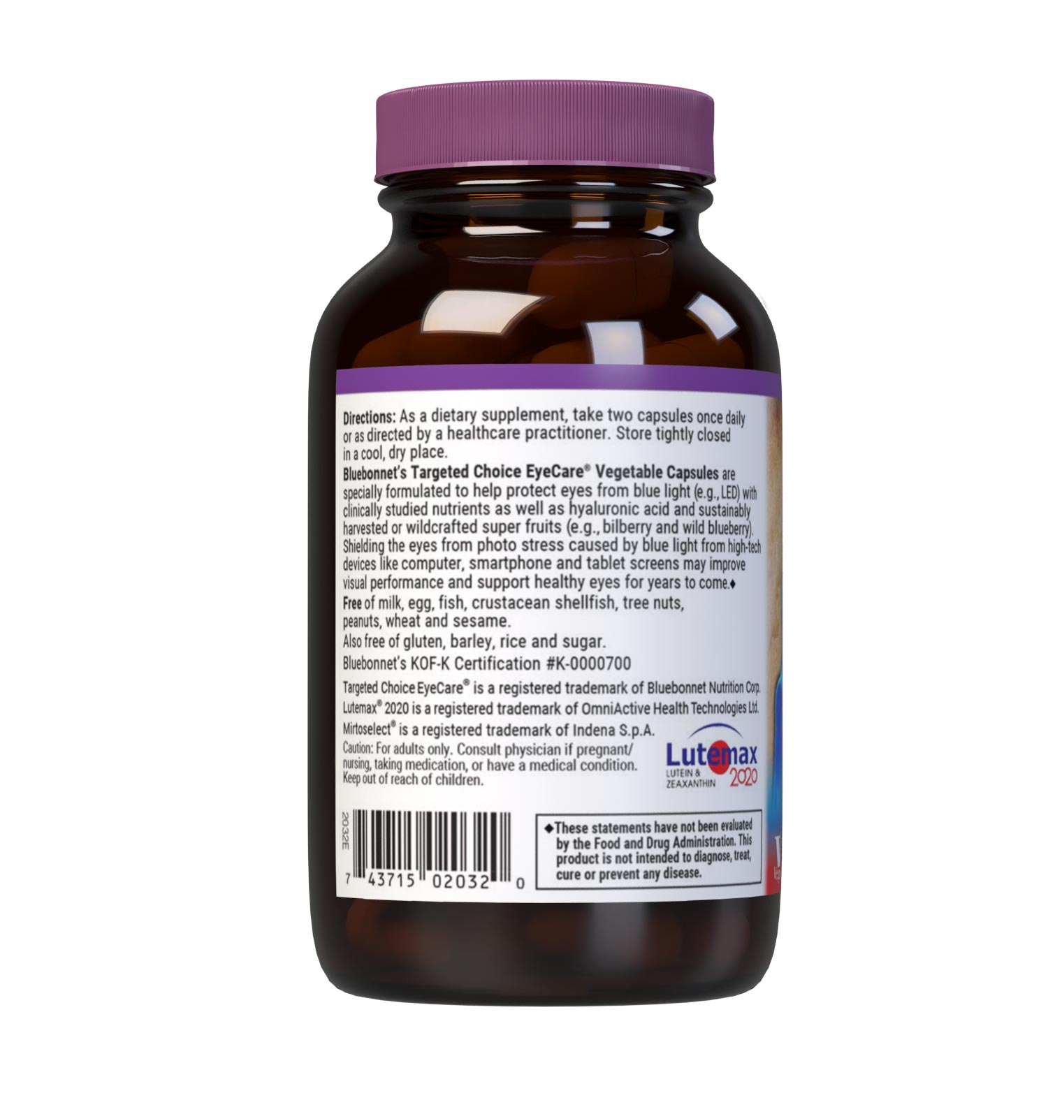 Bluebonnet’s Targeted Choice EyeCare 60 Vegetable Capsules are specially formulated to help protect eyes from blue light (e.g., LED) with the clinically studied nutrients, as well as hyaluronic acid and sustainably harvested or wildcrafted super fruits. Shielding the eyes from photo stress caused by blue light from high tech devices like computer, smartphone and tablet screens may improve visual performance and support healthy eyes for years to come. Description panel. #size_60 count