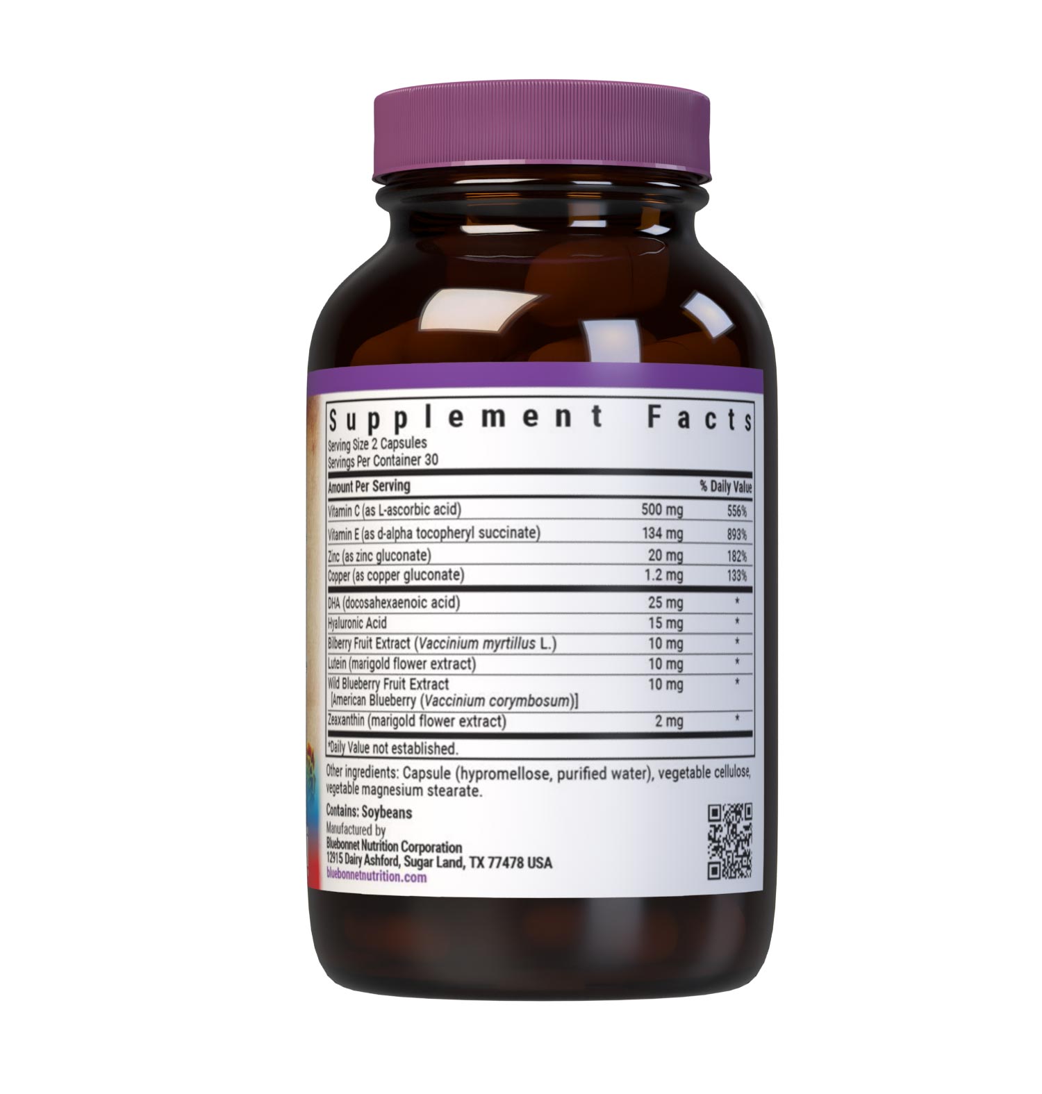 Bluebonnet’s Targeted Choice EyeCare 60 Vegetable Capsules are specially formulated to help protect eyes from blue light (e.g., LED) with the clinically studied nutrients, as well as hyaluronic acid and sustainably harvested or wildcrafted super fruits. Shielding the eyes from photo stress caused by blue light from high tech devices like computer, smartphone and tablet screens may improve visual performance and support healthy eyes for years to come. Supplement facts panel. #size_60 count