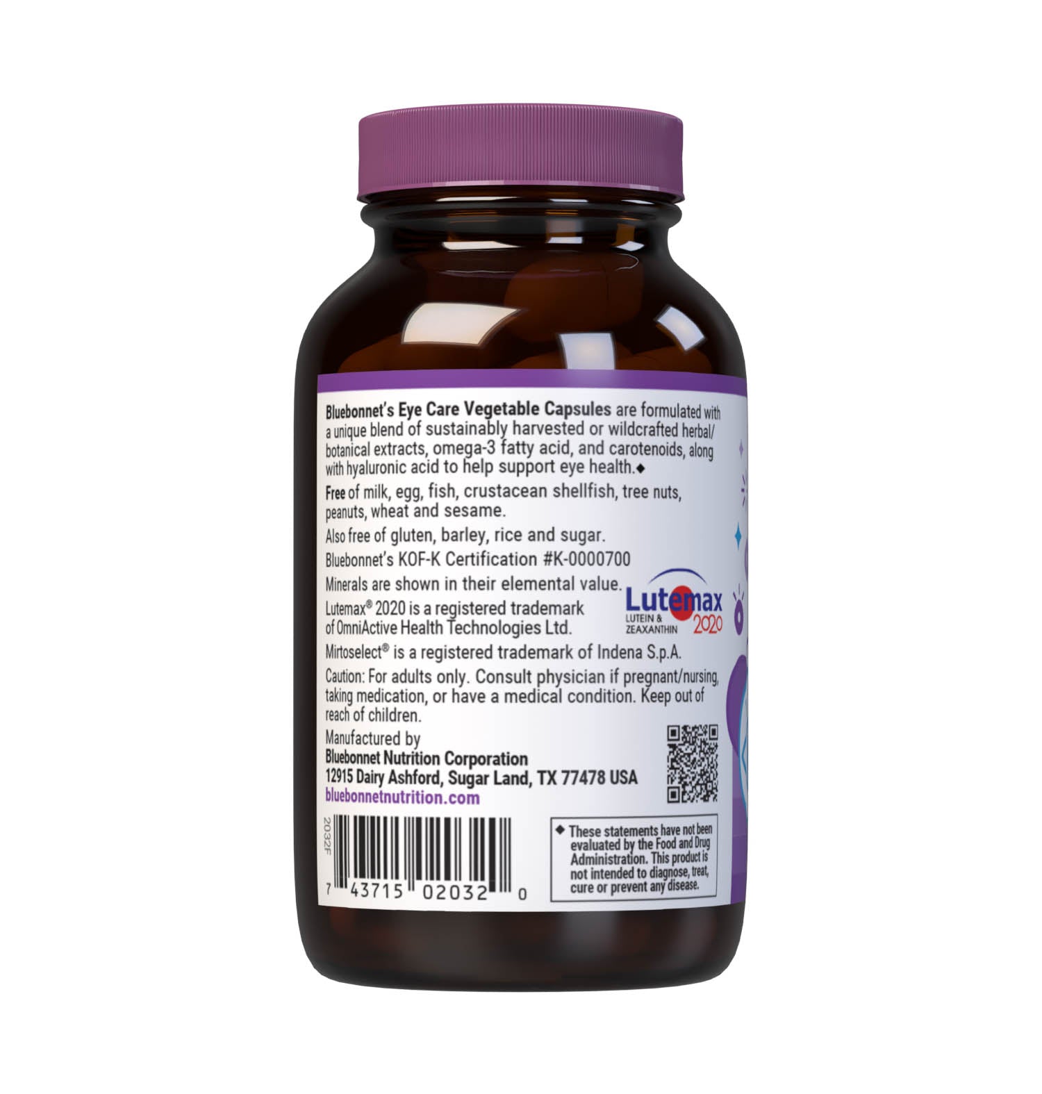 Bluebonnet’s Targeted Choice EyeCare 60 Vegetable Capsules are specially formulated to help protect eyes from blue light (e.g., LED) with the clinically studied nutrients, as well as hyaluronic acid and sustainably harvested or wildcrafted super fruits. Shielding the eyes from photo stress caused by blue light from high tech devices like computer, smartphone and tablet screens may improve visual performance and support healthy eyes for years to come. Description panel. #size_60 count