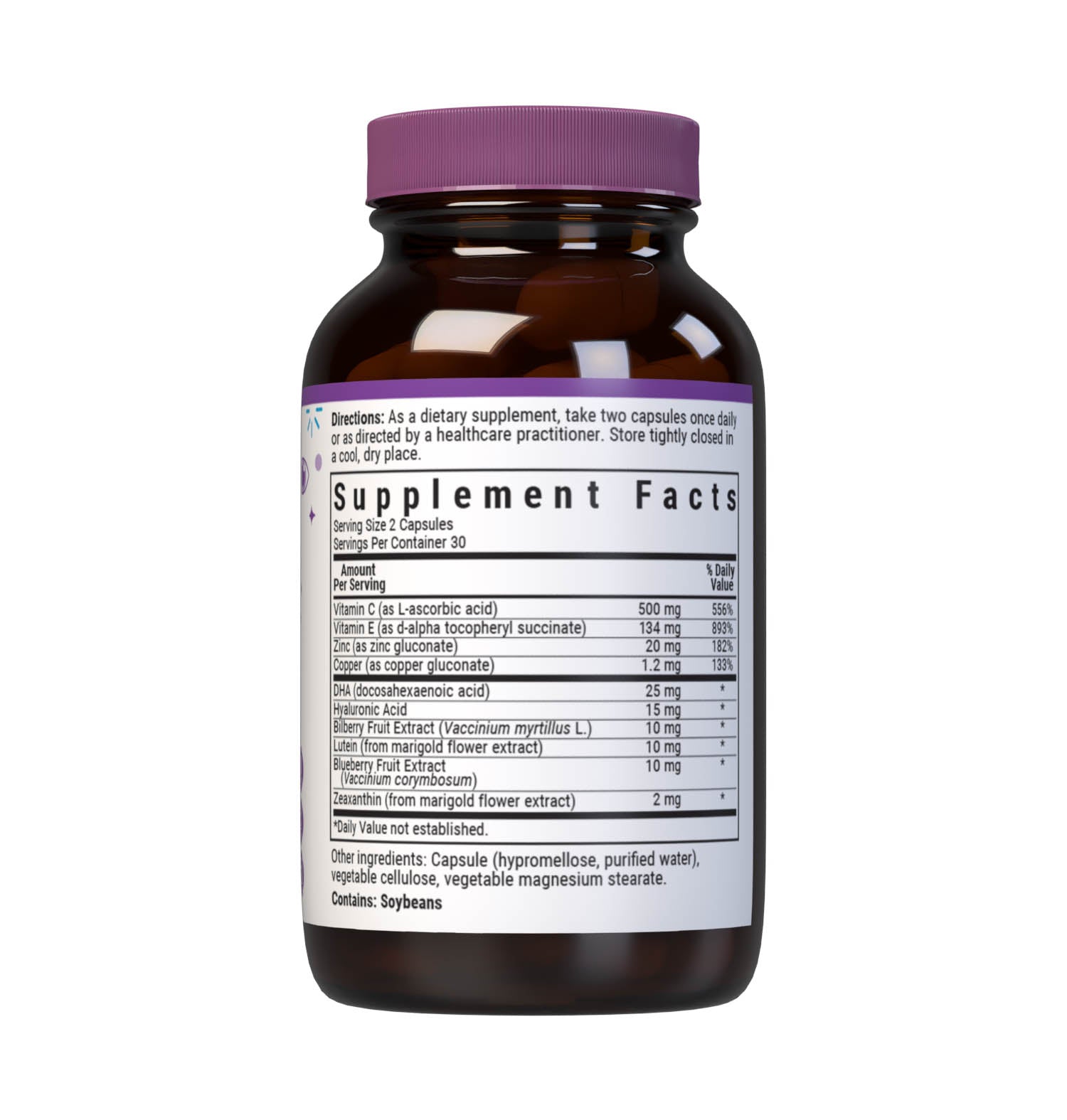 Bluebonnet’s Targeted Choice EyeCare 60 Vegetable Capsules are specially formulated to help protect eyes from blue light (e.g., LED) with the clinically studied nutrients, as well as hyaluronic acid and sustainably harvested or wildcrafted super fruits. Shielding the eyes from photo stress caused by blue light from high tech devices like computer, smartphone and tablet screens may improve visual performance and support healthy eyes for years to come. Supplement facts panel. #size_60 count