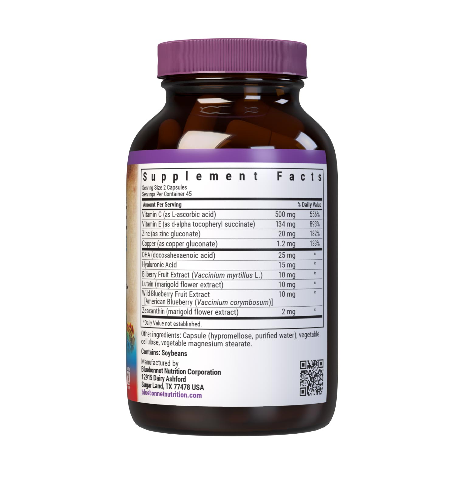 Bluebonnet’s Targeted Choice EyeCare 90 Vegetable Capsules are specially formulated to help protect eyes from blue light (e.g., LED) with the clinically studied nutrients, as well as hyaluronic acid and sustainably harvested or wildcrafted super fruits. Shielding the eyes from photo stress caed by blue light from high tech devices like computer, smartphone and tablet screens mausy improve visual performance and support healthy eyes for years to come. Supplement facts panel. #size_90 count