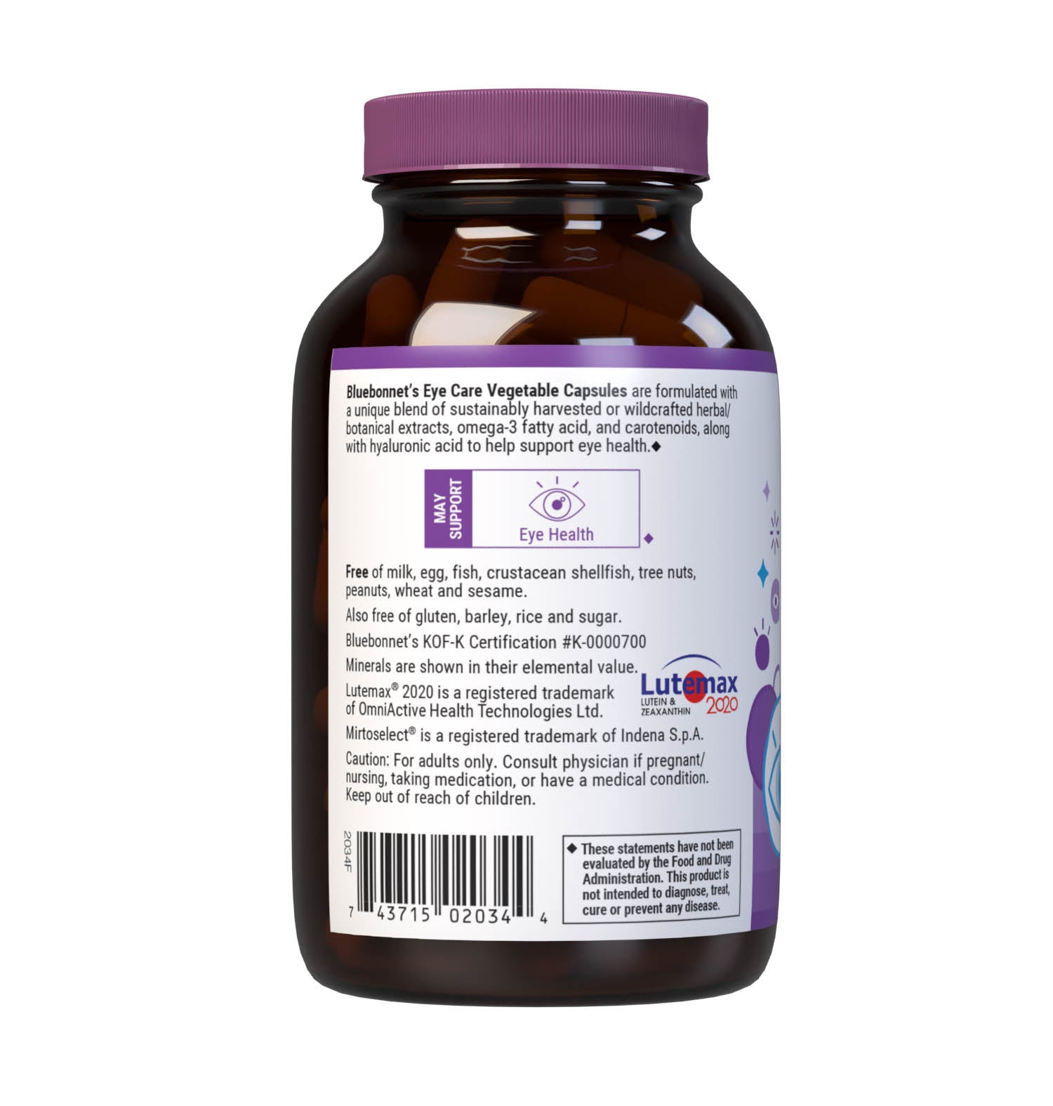 Bluebonnet’s Targeted Choice EyeCare 90 Vegetable Capsules are specially formulated to help protect eyes from blue light (e.g., LED) with the clinically studied nutrients, as well as hyaluronic acid and sustainably harvested or wildcrafted super fruits. Shielding the eyes from photo stress caed by blue light from high tech devices like computer, smartphone and tablet screens mausy improve visual performance and support healthy eyes for years to come. Description panel. #size_90 count