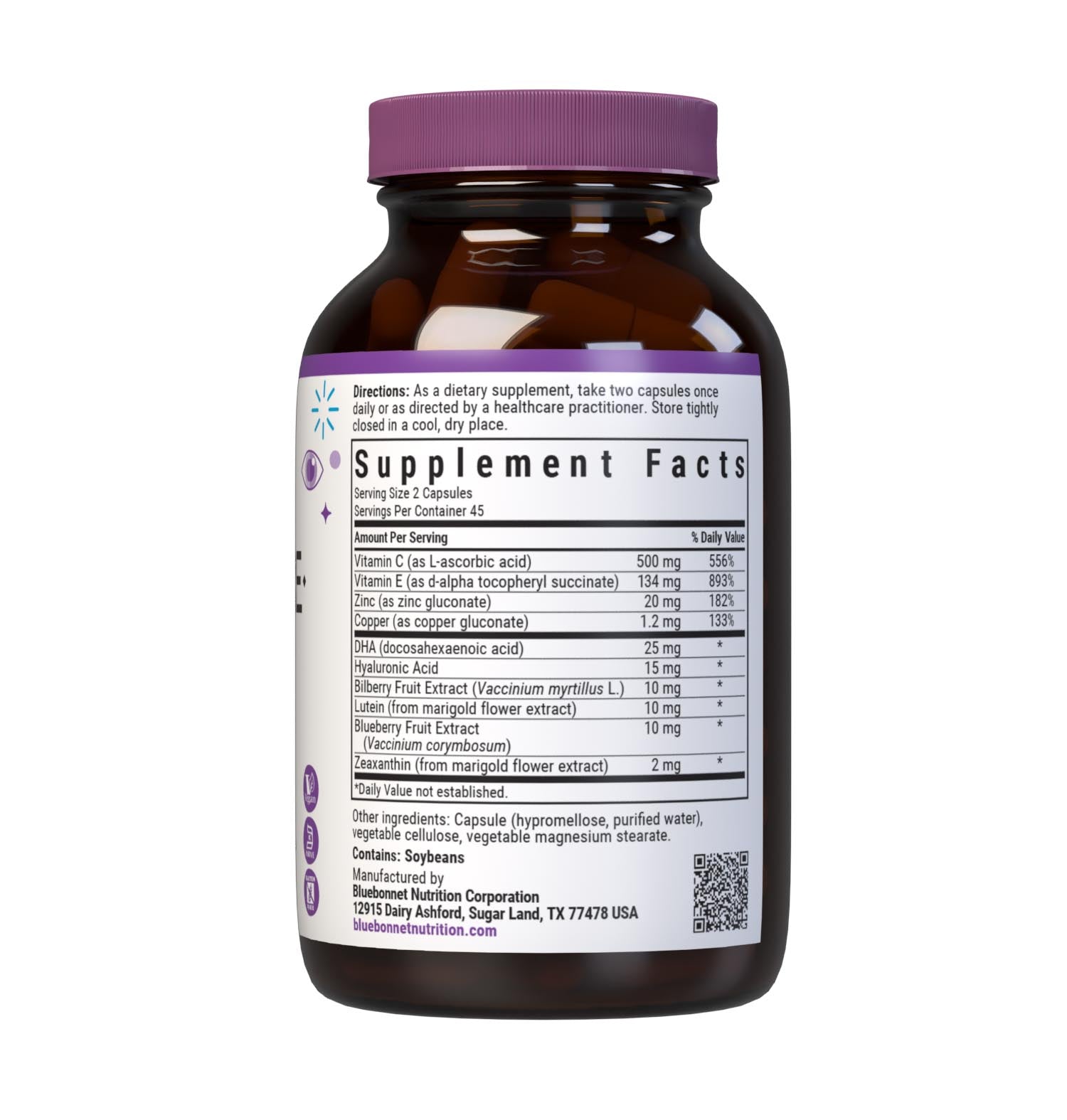 Bluebonnet’s Targeted Choice EyeCare 90 Vegetable Capsules are specially formulated to help protect eyes from blue light (e.g., LED) with the clinically studied nutrients, as well as hyaluronic acid and sustainably harvested or wildcrafted super fruits. Shielding the eyes from photo stress caed by blue light from high tech devices like computer, smartphone and tablet screens mausy improve visual performance and support healthy eyes for years to come. Supplement facts panel. #size_90 count