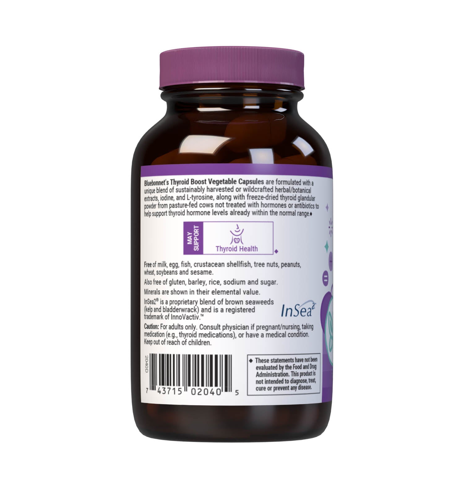 Bluebonnet’s Targeted Choice Thyroid Boost 60 Vegetable Capsules are specially formulated with unique, sustainably harvested or wildcrafted botanical extracts, free-form L-tyrosine, as well as iodine from a proprietary blend of glandular powder, potassium iodide and brown seaweeds to help maintain healthy thyroid hormone levels that are within the normal range. Description panel. #size_60 count