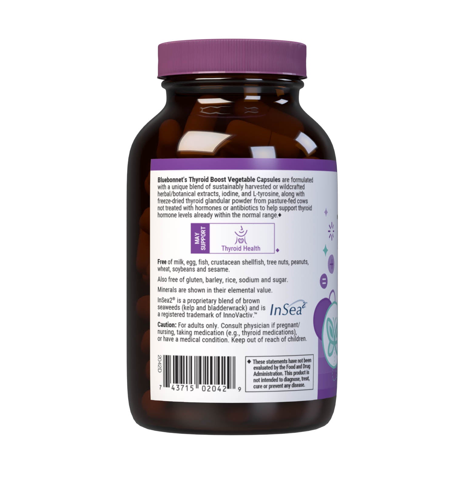 Bluebonnet’s Targeted Choice Thyroid Boost 90 Vegetable Capsules are specially formulated with unique, sustainably harvested or wildcrafted botanical extracts, free-form L-tyrosine, as well as iodine from a proprietary blend of glandular powder, potassium iodide and brown seaweeds to help maintain healthy thyroid hormone levels that are within the normal range. Description panel. #size_90 count