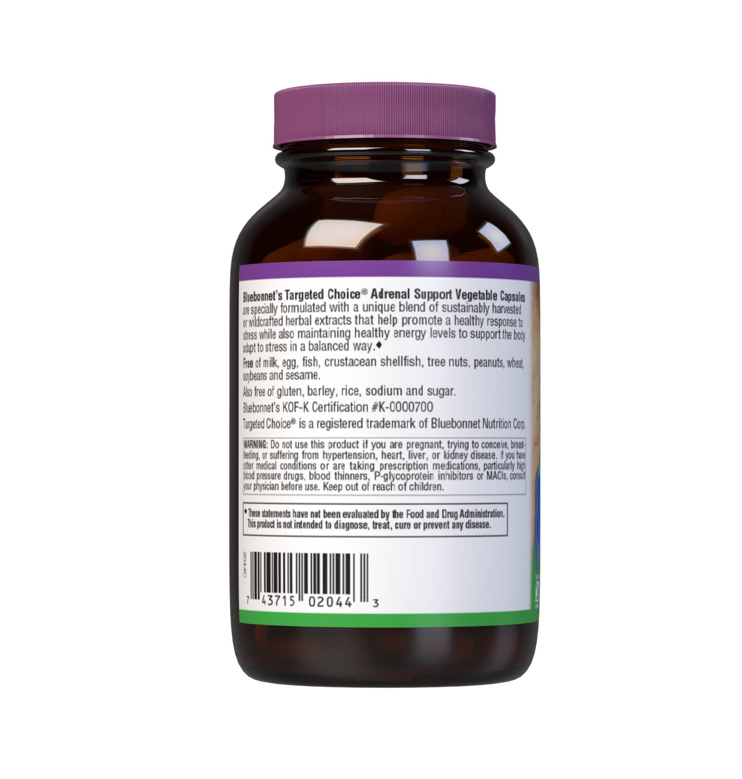 Bluebonnet’s Targeted Choice Adrenal Support 60 Vegetable Capsules are specially formulated with a unique blend of sustainably harvested or wildcrafted herbal extracts that help promote a healthy response to stress while also maintaining healthy energy levels. Essential nutrients important for the normal production of adrenal hormones were also incorporated to optimize adrenal gland function critical to helping the body adapt to stress in a balanced way. Description panel. #size_60 count