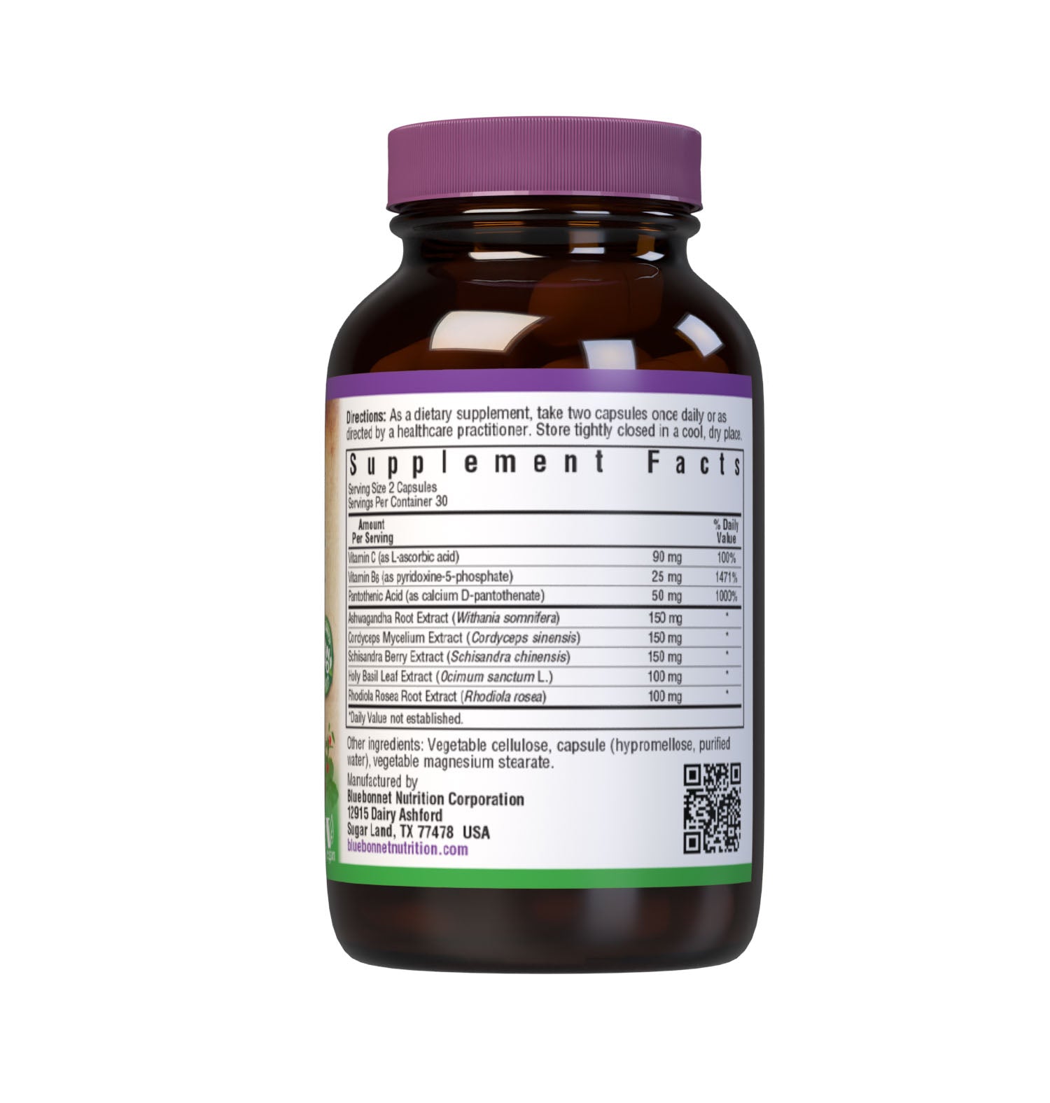 Bluebonnet’s Targeted Choice Adrenal Support 60 Vegetable Capsules are specially formulated with a unique blend of sustainably harvested or wildcrafted herbal extracts that help promote a healthy response to stress while also maintaining healthy energy levels. Essential nutrients important for the normal production of adrenal hormones were also incorporated to optimize adrenal gland function critical to helping the body adapt to stress in a balanced way. Supplement facts panel. #size_60 count