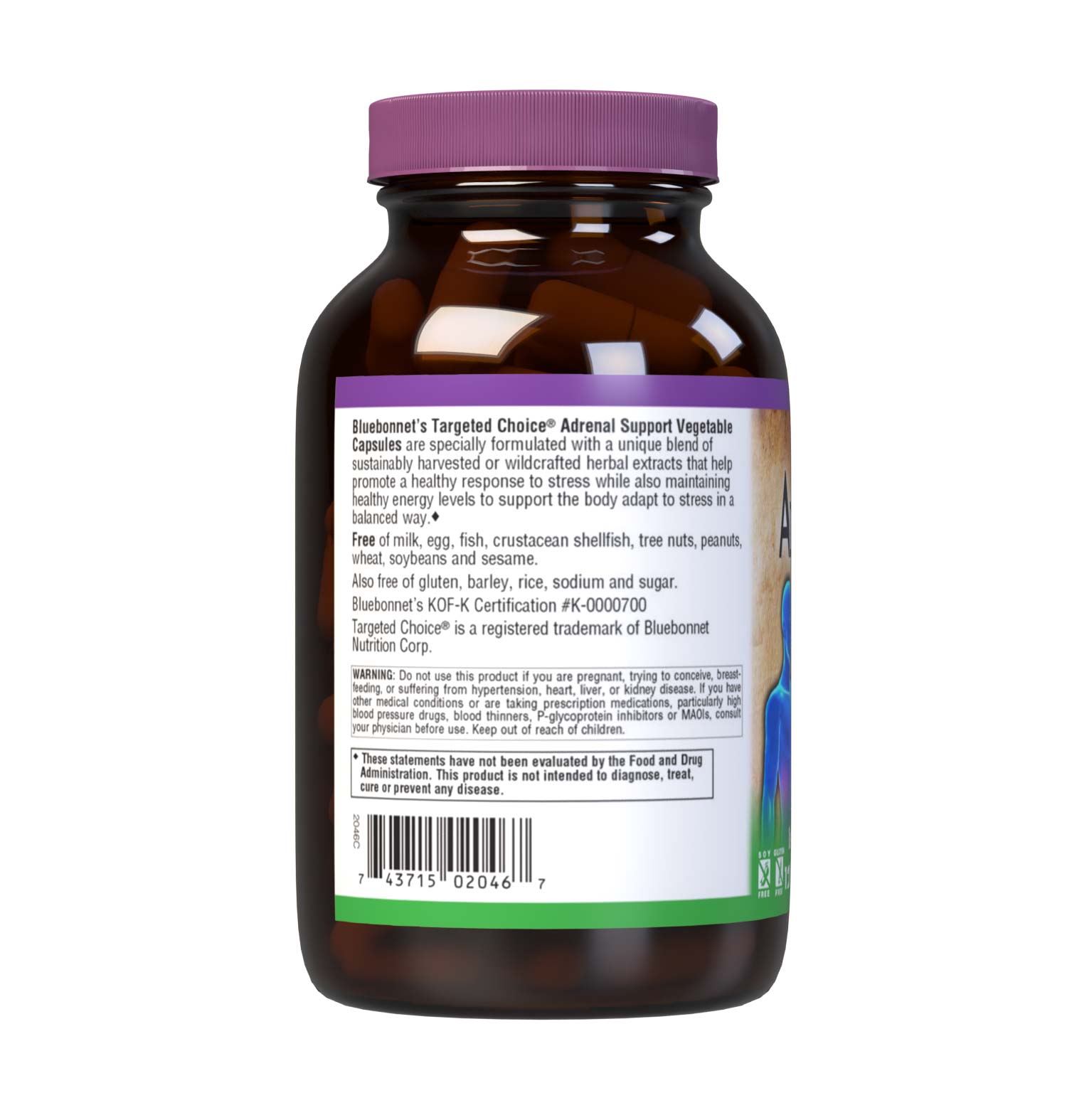 Bluebonnet’s Targeted Choice Adrenal Support 120 Vegetable Capsules are specially formulated with a unique blend of sustainably harvested or wildcrafted herbal extracts that help promote a healthy response to stress while also maintaining healthy energy levels. Essential nutrients important for the normal production of adrenal hormones were also incorporated to optimize adrenal gland function critical to helping the body adapt to stress in a balanced way. Description panel. #size_120 count