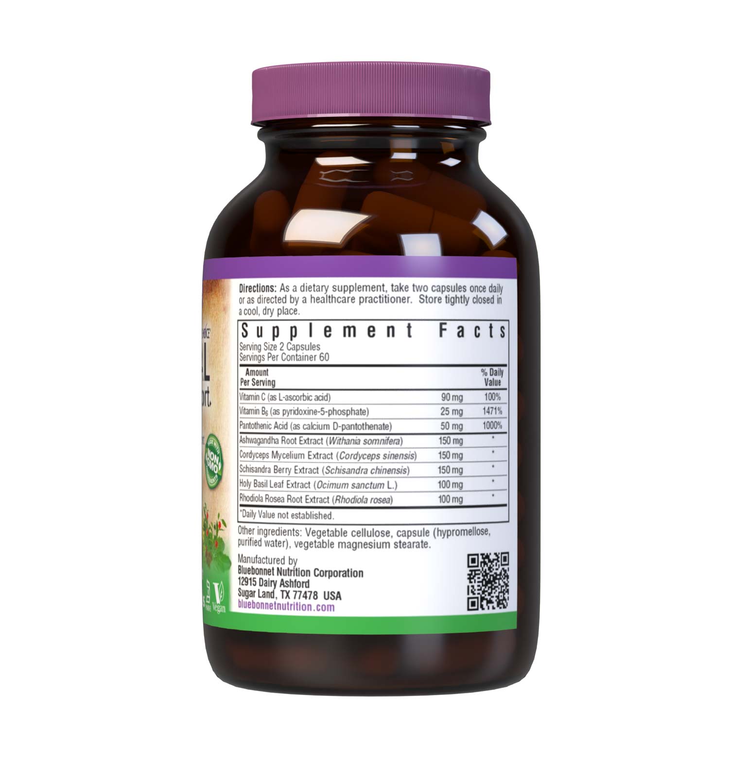 Bluebonnet’s Targeted Choice Adrenal Support 120 Vegetable Capsules are specially formulated with a unique blend of sustainably harvested or wildcrafted herbal extracts that help promote a healthy response to stress while also maintaining healthy energy levels. Essential nutrients important for the normal production of adrenal hormones were also incorporated to optimize adrenal gland function critical to helping the body adapt to stress in a balanced way. Supplement facts panel. #size_120 count