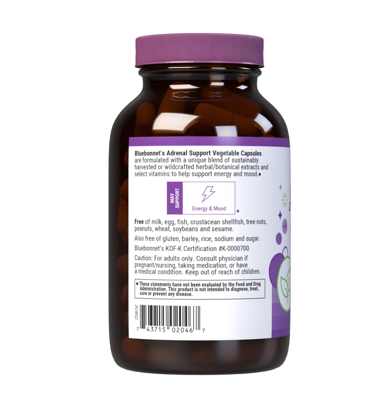 Bluebonnet’s Targeted Choice Adrenal Support 120 Vegetable Capsules are specially formulated with a unique blend of sustainably harvested or wildcrafted herbal extracts that help promote a healthy response to stress while also maintaining healthy energy levels. Essential nutrients important for the normal production of adrenal hormones were also incorporated to optimize adrenal gland function critical to helping the body adapt to stress in a balanced way. Description panel. #size_120 count