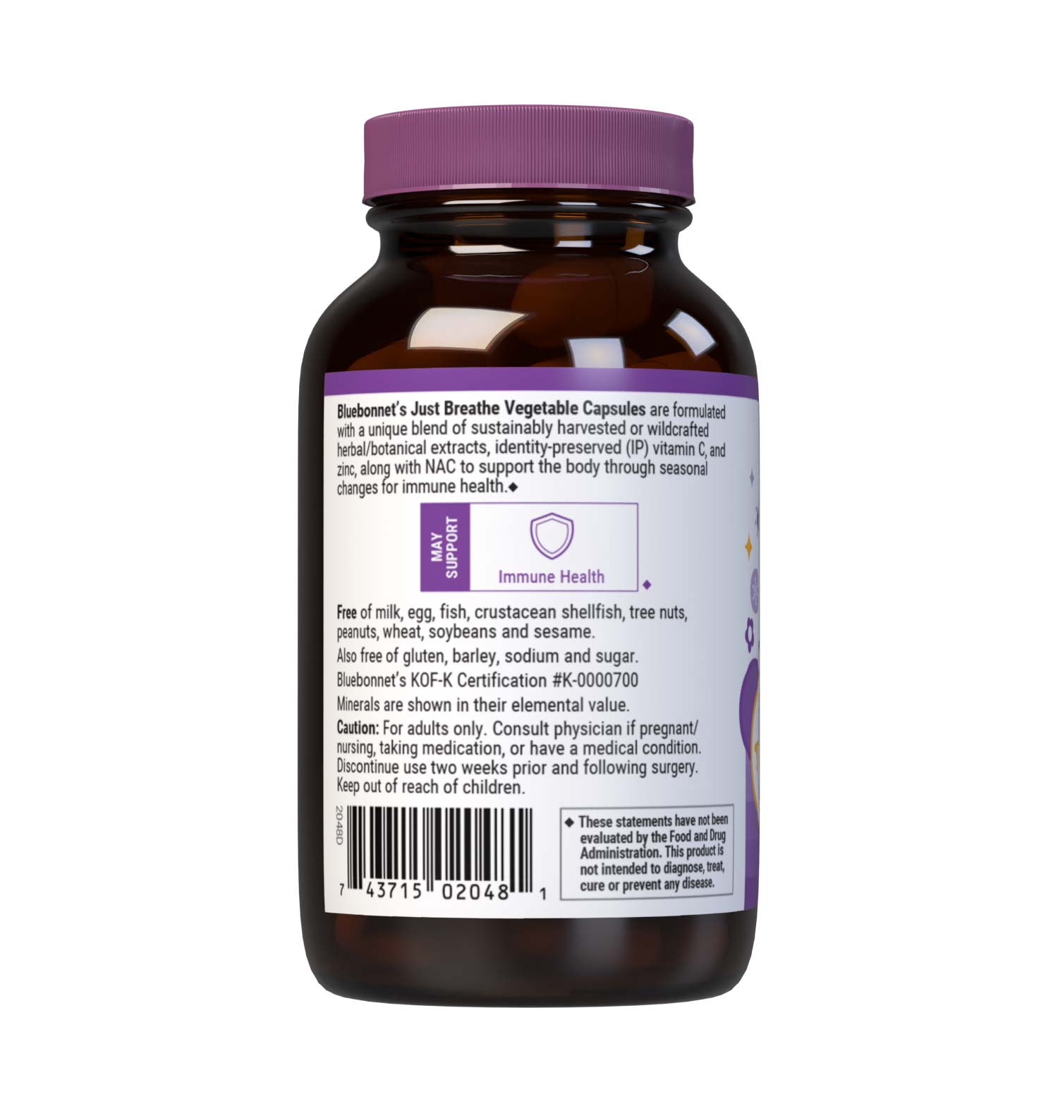 Bluebonnet’s Targeted Choice Just Breathe 30 Vegetable Capsules are specially formulated to support the body through seasonal changes and encourage free and clear breathing by helping to open nasal, sinus, and bronchial passages with a unique blend of immune-protective nutrients and sustainably sourced herbal extracts. Description panel. #size_30 count