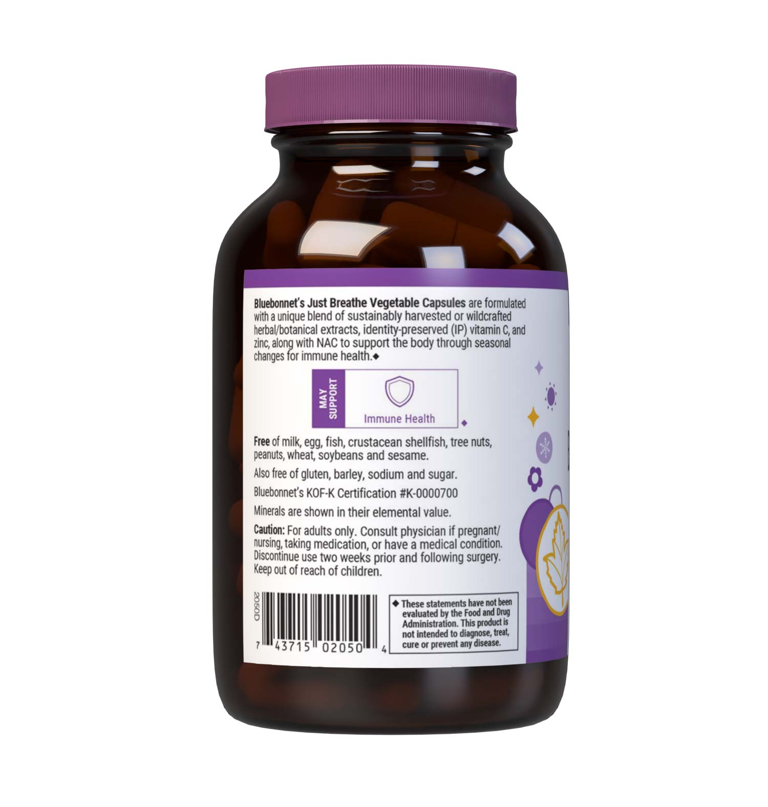 Bluebonnet’s Targeted Choice Just Breathe 60 Vegetable Capsules are specially formulated to support the body through seasonal changes and encourage free and clear breathing by helping to open nasal, sinus, and bronchial passages with a unique blend of immune-protective nutrients and sustainably sourced herbal extracts. Description panel. #size_60 count