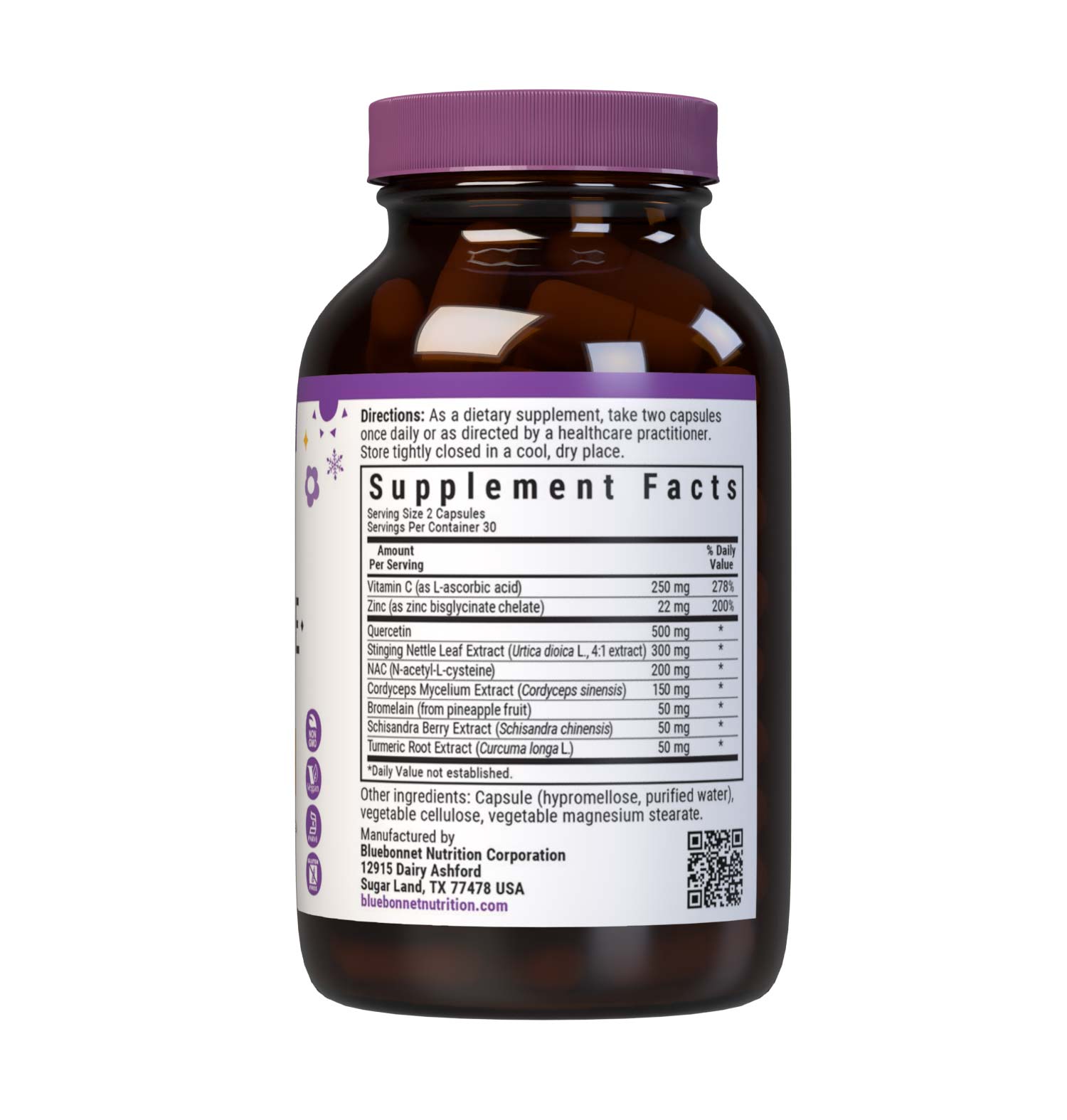 Bluebonnet’s Targeted Choice Just Breathe 60 Vegetable Capsules are specially formulated to support the body through seasonal changes and encourage free and clear breathing by helping to open nasal, sinus, and bronchial passages with a unique blend of immune-protective nutrients and sustainably sourced herbal extracts. Supplement facts panel. #size_60 count