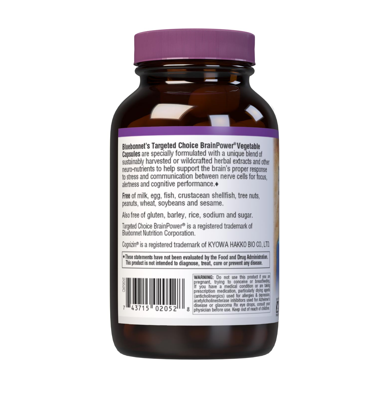 Bluebonnet’s Targeted Choice Brain Power 30 Vegetable Capsules are specially formulated with a unique blend of sustainably harvested or wildcrafted herbal extracts and other neuro-nutrients to help support the brain's proper response to stress and communication between nerve cells. Description panel. #size_30 count