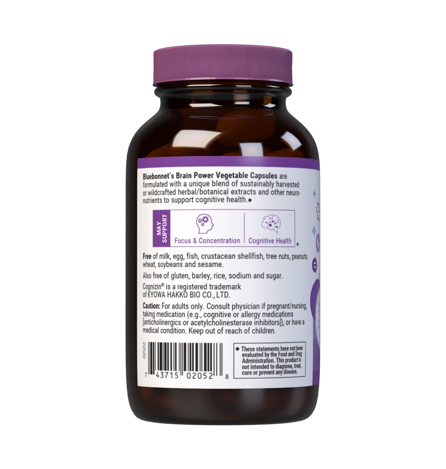 Bluebonnet’s Targeted Choice Brain Power 30 Vegetable Capsules are specially formulated with a unique blend of sustainably harvested or wildcrafted herbal extracts and other neuro-nutrients to help support the brain's proper response to stress and communication between nerve cells. Description panel. #size_30 count