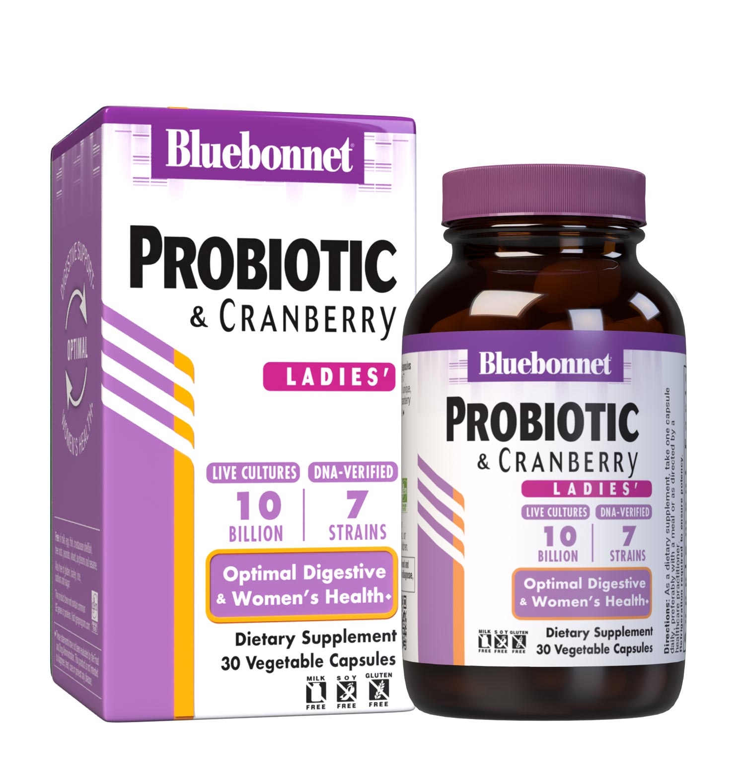 Bluebonnet’s Ladies' Probiotic & Cranberry 30 Vegetable Capsules are formulated with 10 billion viable cultures from 7 DNA-verified, scientifically supported strains. This unique, science-based probiotic formula is infused with cranberry fruit extract to further nurture urinary tract health. Bottle with box. #size_30 count