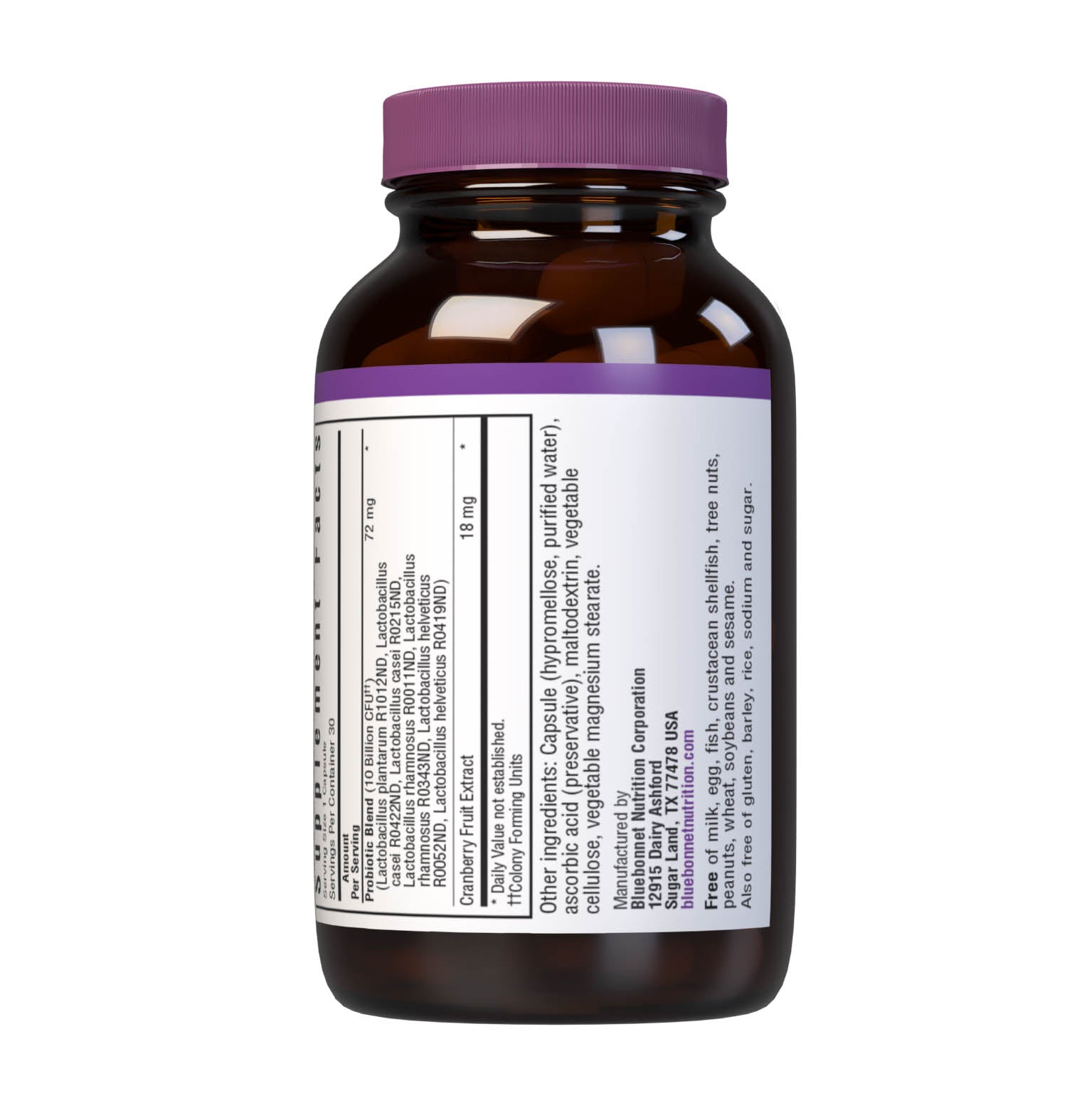 Bluebonnet’s Ladies' Probiotic & Cranberry 30 Vegetable Capsules are formulated with 10 billion viable cultures from 7 DNA-verified, scientifically supported strains. This unique, science-based probiotic formula is infused with cranberry fruit extract to further nurture urinary tract health. Supplement facts panel bottom. #size_30 count