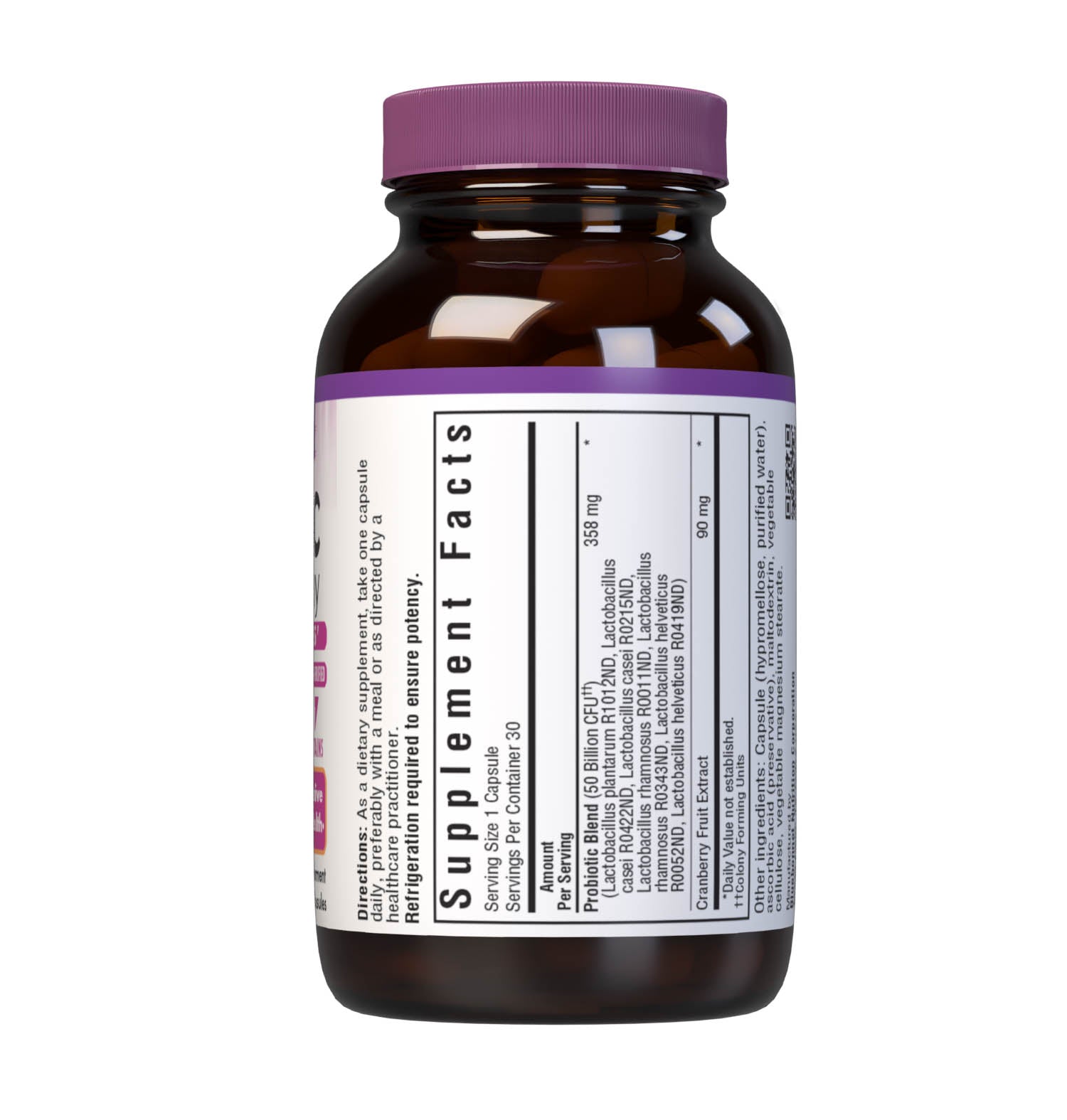 Bluebonnet’s Probiotic & Cranberry 30 Vegetable Capsules are formulated with 50 billion viable cultures from 7 DNA-verified, scientifically supported strains. This unique, science-based probiotic formula is infused with cranberry fruit extract to further nurture urinary tract health. Supplement facts panel. #size_30 count