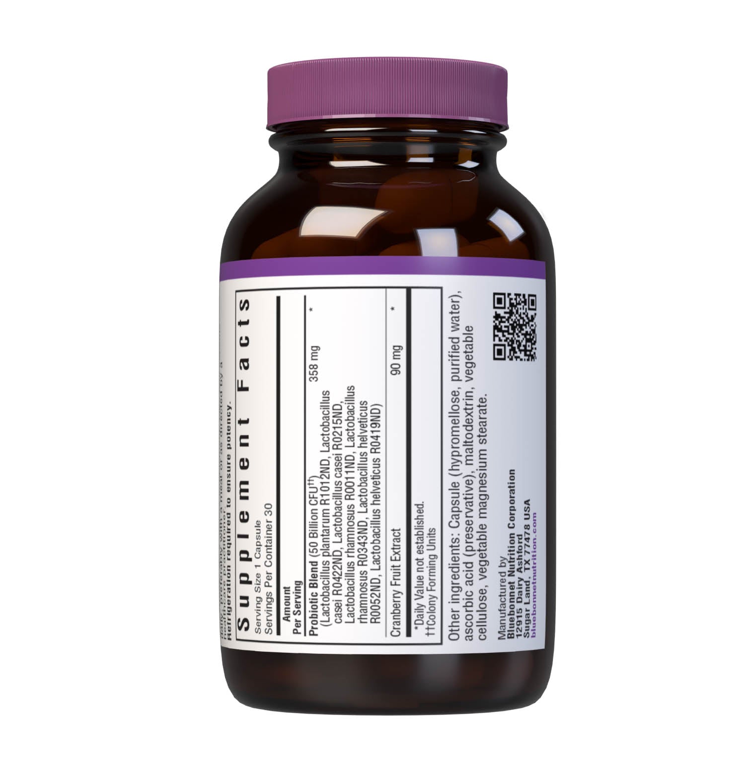 Bluebonnet’s Probiotic & Cranberry 30 Vegetable Capsules are formulated with 50 billion viable cultures from 7 DNA-verified, scientifically supported strains. This unique, science-based probiotic formula is infused with cranberry fruit extract to further nurture urinary tract health. Supplement facts panel 2. #size_30 count