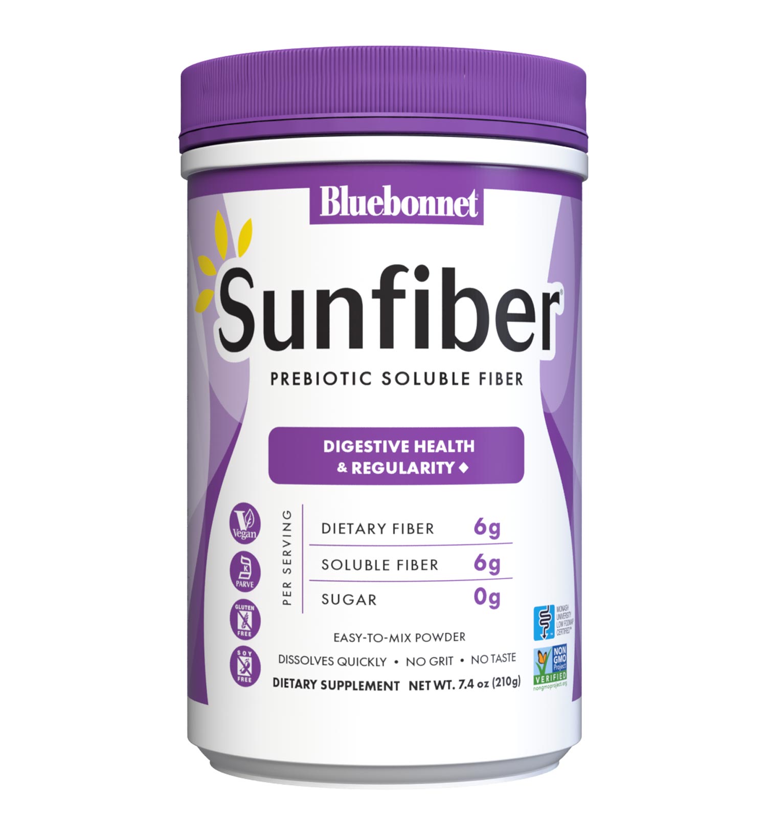 Bluebonnet’s Sunfiber® Powder delivers plant-based dietary fiber from partially hydrolyzed guar gum to help support bowel regularity while also providing prebiotic benefits for gastrointestinal health. This soluble and slow-fermenting fiber is well tolerated and suitable for those following a low-FODMAP diet. #size_7.4 oz