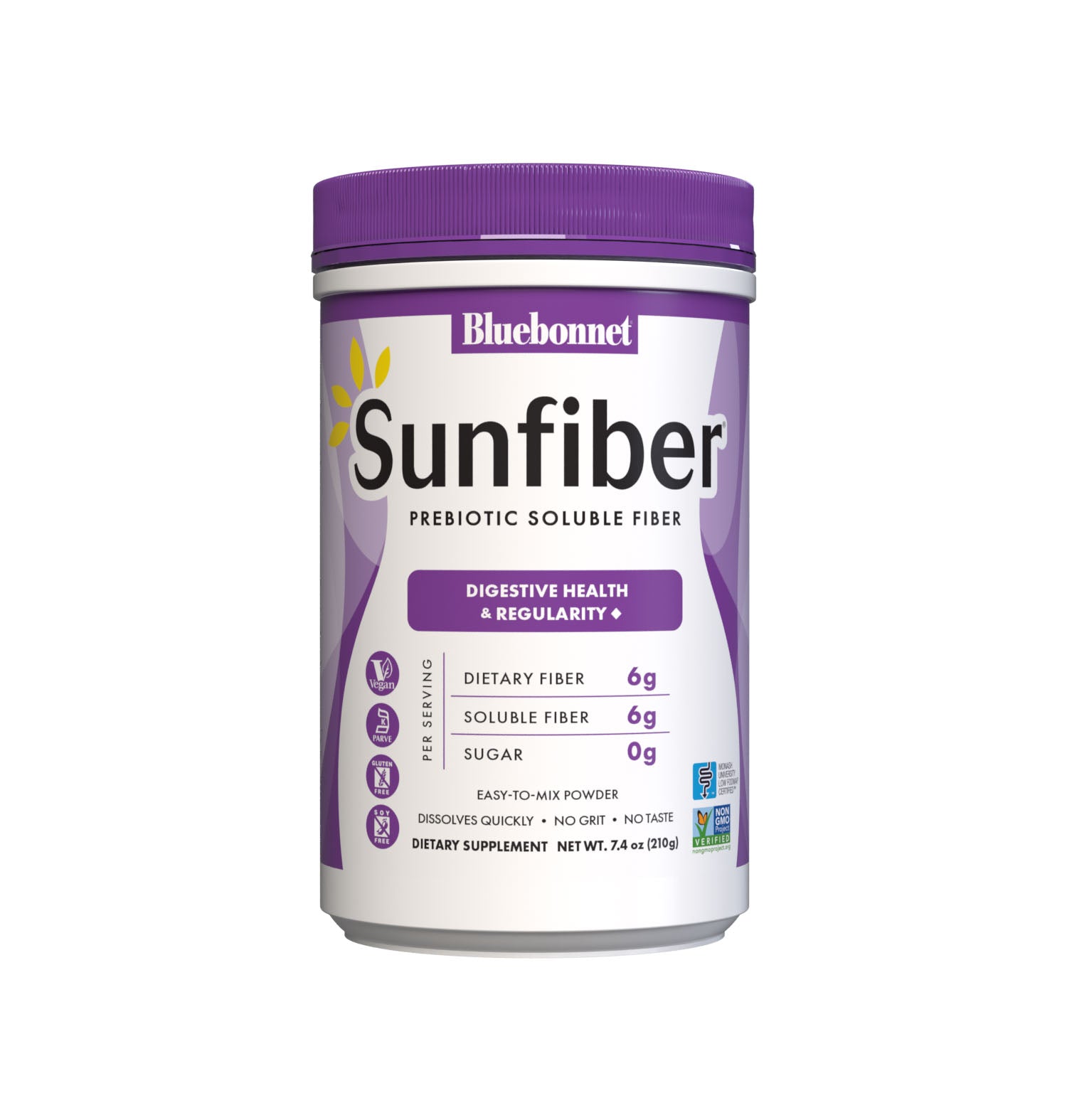 Bluebonnet’s Sunfiber® Powder delivers plant-based dietary fiber from partially hydrolyzed guar gum to help support bowel regularity while also providing prebiotic benefits for gastrointestinal health. This soluble and slow-fermenting fiber is well tolerated and suitable for those following a low-FODMAP diet. #size_7.4 oz