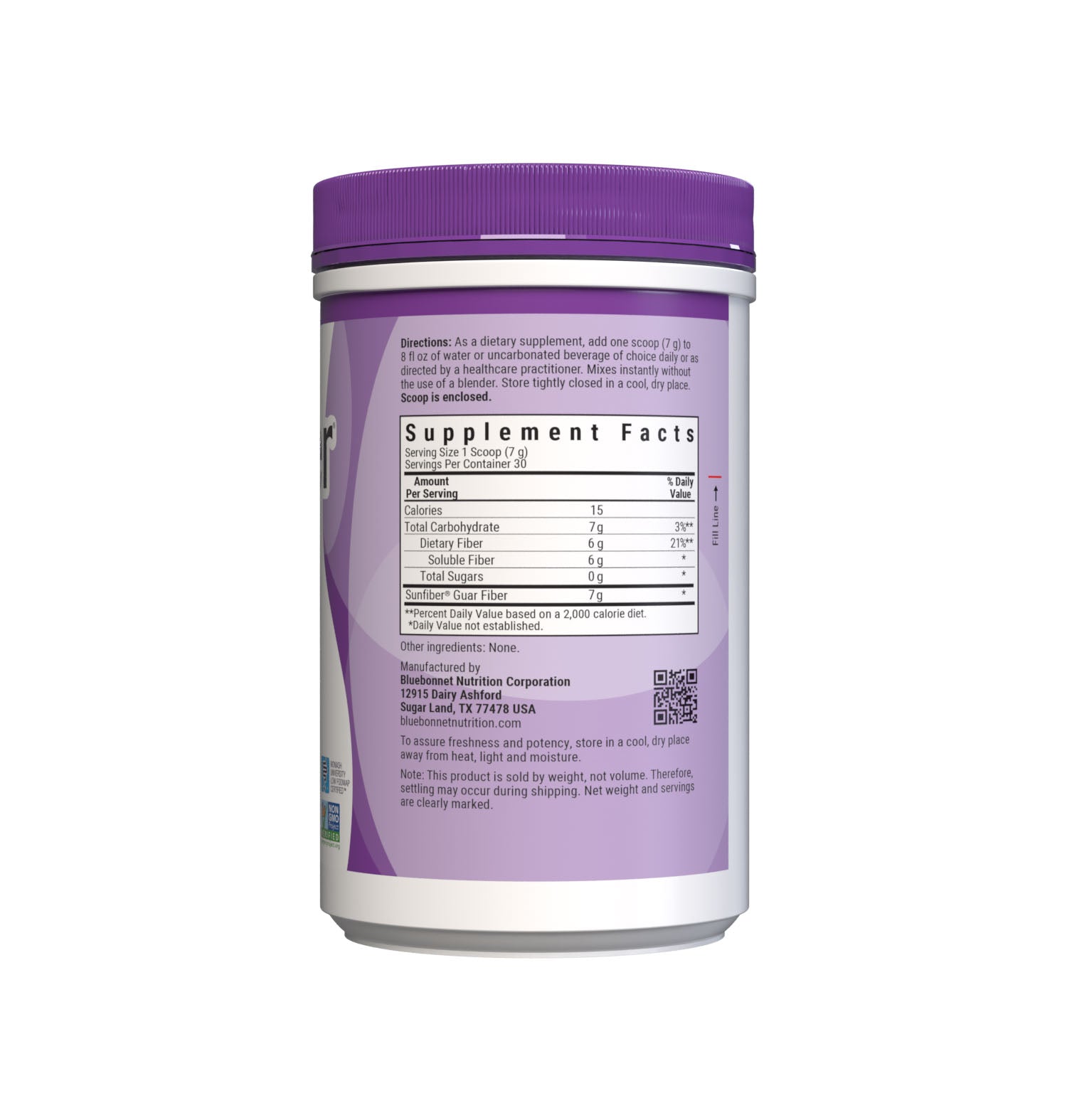 Bluebonnet’s Sunfiber® Powder delivers plant-based dietary fiber from partially hydrolyzed guar gum to help support bowel regularity while also providing prebiotic benefits for gastrointestinal health. This soluble and slow-fermenting fiber is well tolerated and suitable for those following a low-FODMAP diet. Supplement Facts panel. #size_7.4 oz