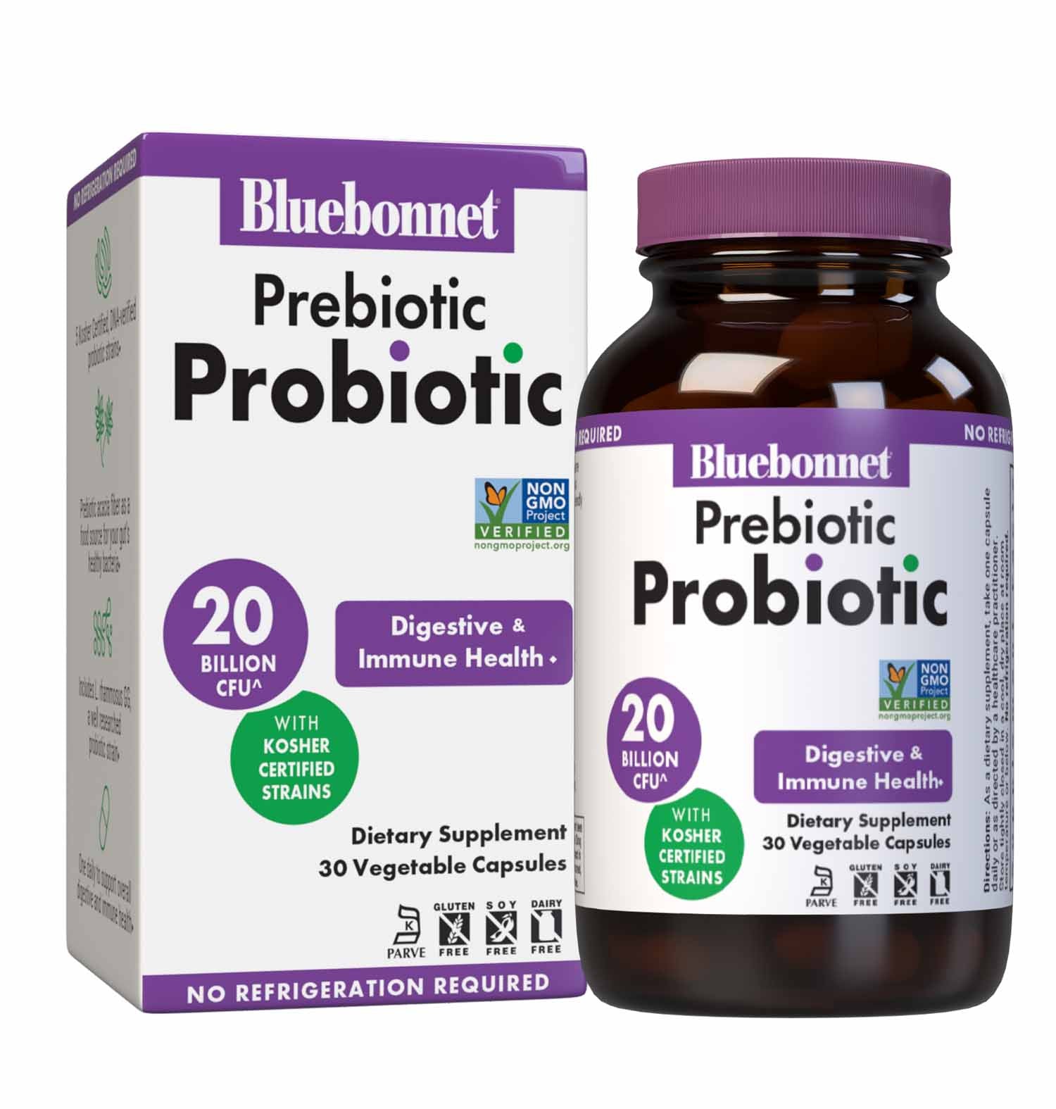 Bluebonnet's Prebiotic Probiotic Vegetable capsules are formulated with DNA-verified, kosher certified strains as well as prebiotic acacia fibet to assit the growth of friendly bacteria in the gut. Bottle with box image. #size_30 count