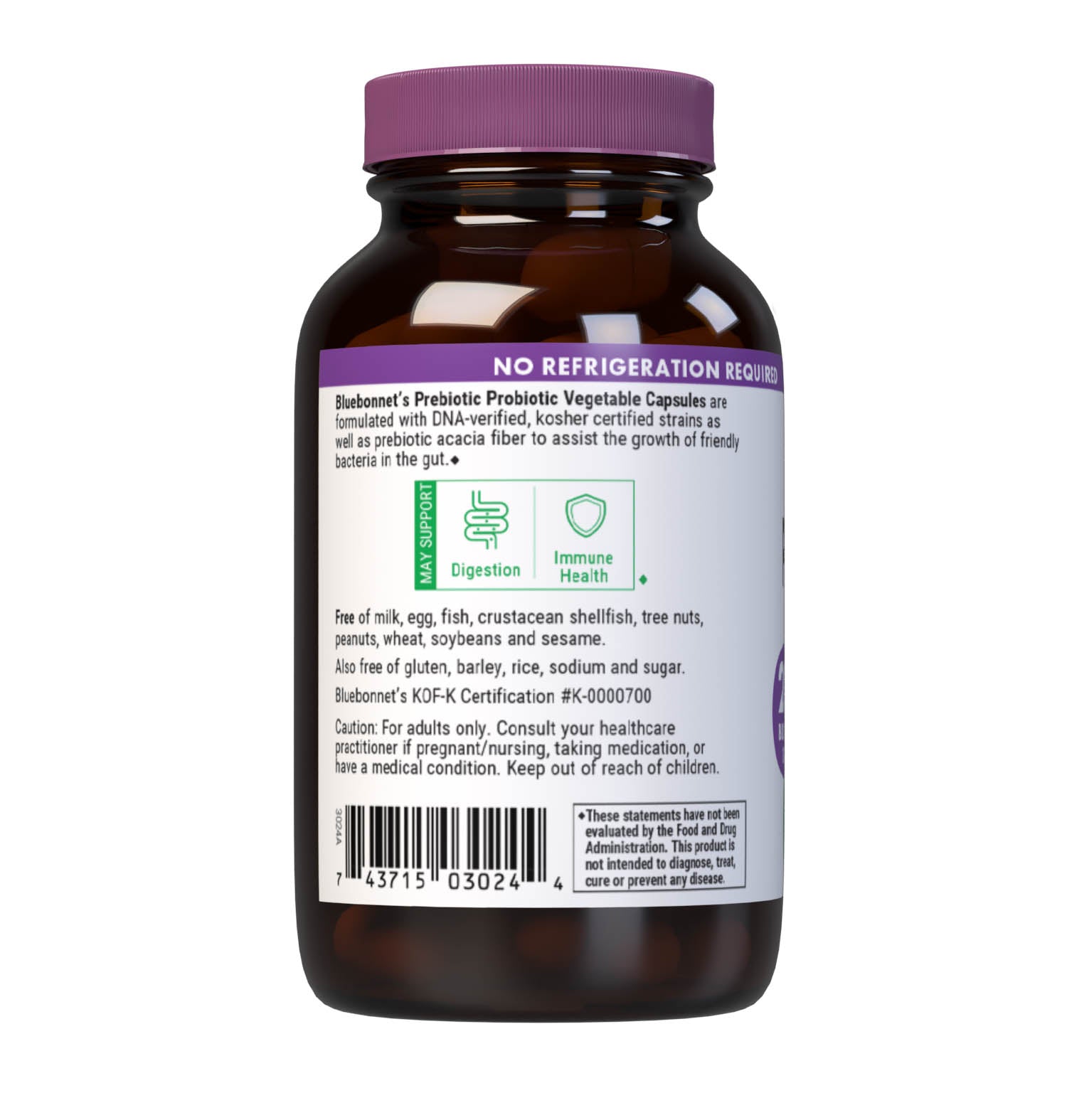Bluebonnet's Prebiotic Probiotic Vegetable capsules are formulated with DNA-verified, kosher certified strains as well as prebiotic acacia fibet to assit the growth of friendly bacteria in the gut. Description panel. #size_30 count