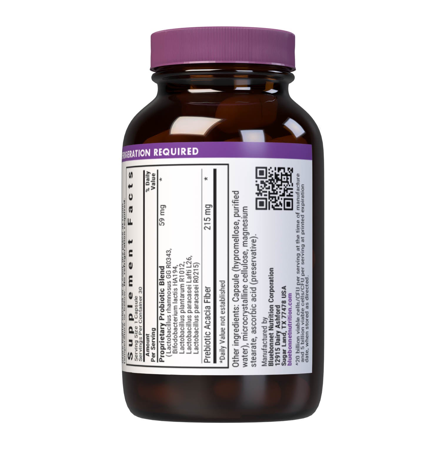 Bluebonnet's Prebiotic Probiotic Vegetable capsules are formulated with DNA-verified, kosher certified strains as well as prebiotic acacia fibet to assit the growth of friendly bacteria in the gut. Ingredients panel. #size_30 count