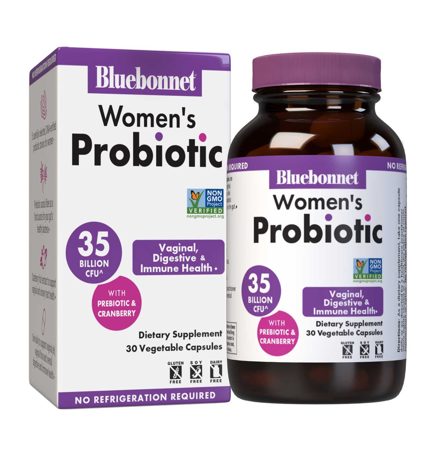 Bluebonnet's Women's Probiotic vegetable capsules are formulated with DNA-verified strains to support vaginal, digestive and immune health. This unique formula also includes cranberry for vaginal health as well as prebiotic acacia fiber to assist the growth of friendly bacteria in the gut. Bottle with box image. #size_30 count