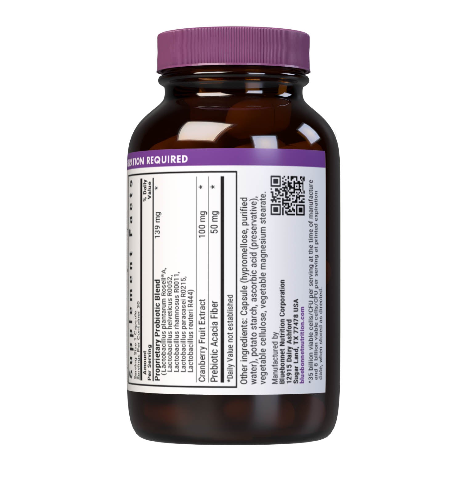 Bluebonnet's Women's Probiotic vegetable capsules are formulated with DNA-verified strains to support vaginal, digestive and immune health. This unique formula also includes cranberry for vaginal health as well as prebiotic acacia fiber to assist the growth of friendly bacteria in the gut. Ingredients panel. #size_30 count