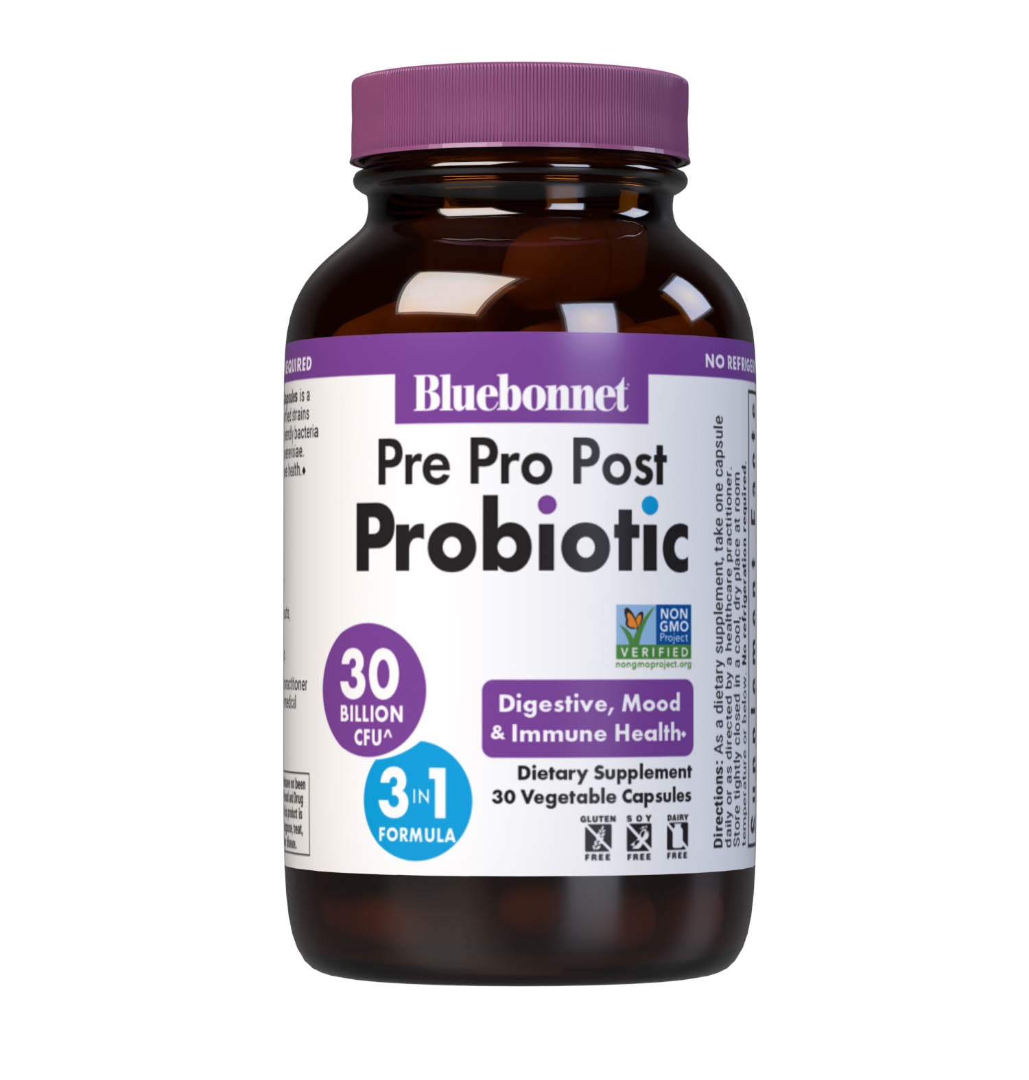 Bluebonnet's Pre Pro Post Probiotic vegetable capsules is a specially crafted 3-in-1 formula delivering DNA-verified strains as well as prebiotic FOS to assist the growth of friendly bacteria in the gut, and a postbiotic from saccharomyces cerevisiae. Together the support digestive, mood and immune health. #size_30 count
