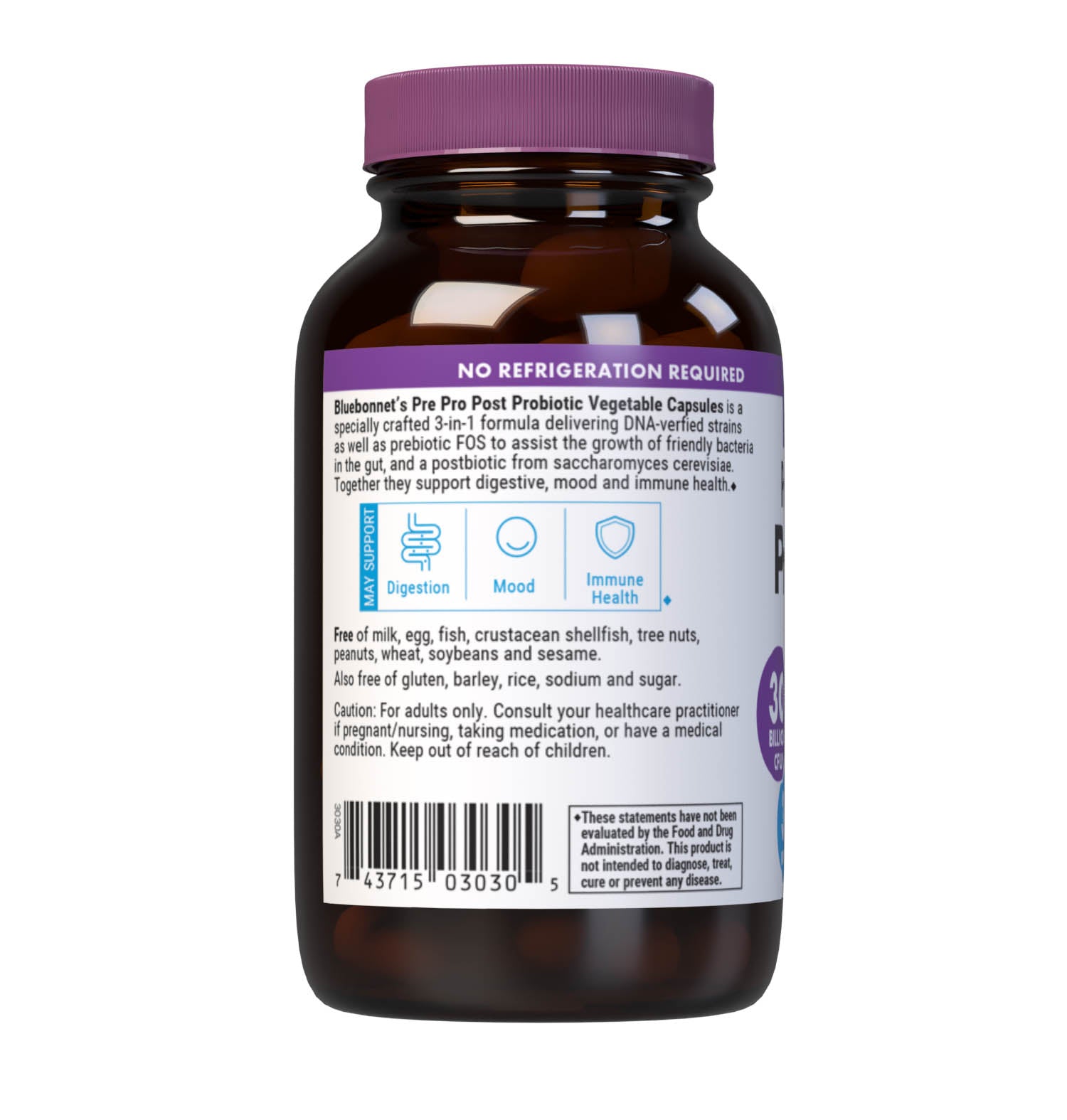 Bluebonnet's Pre Pro Post Probiotic vegetable capsules is a specially crafted 3-in-1 formula delivering DNA-verified strains as well as prebiotic FOS to assist the growth of friendly bacteria in the gut, and a postbiotic from saccharomyces cerevisiae. Together the support digestive, mood and immune health. Description panel. #size_30 count