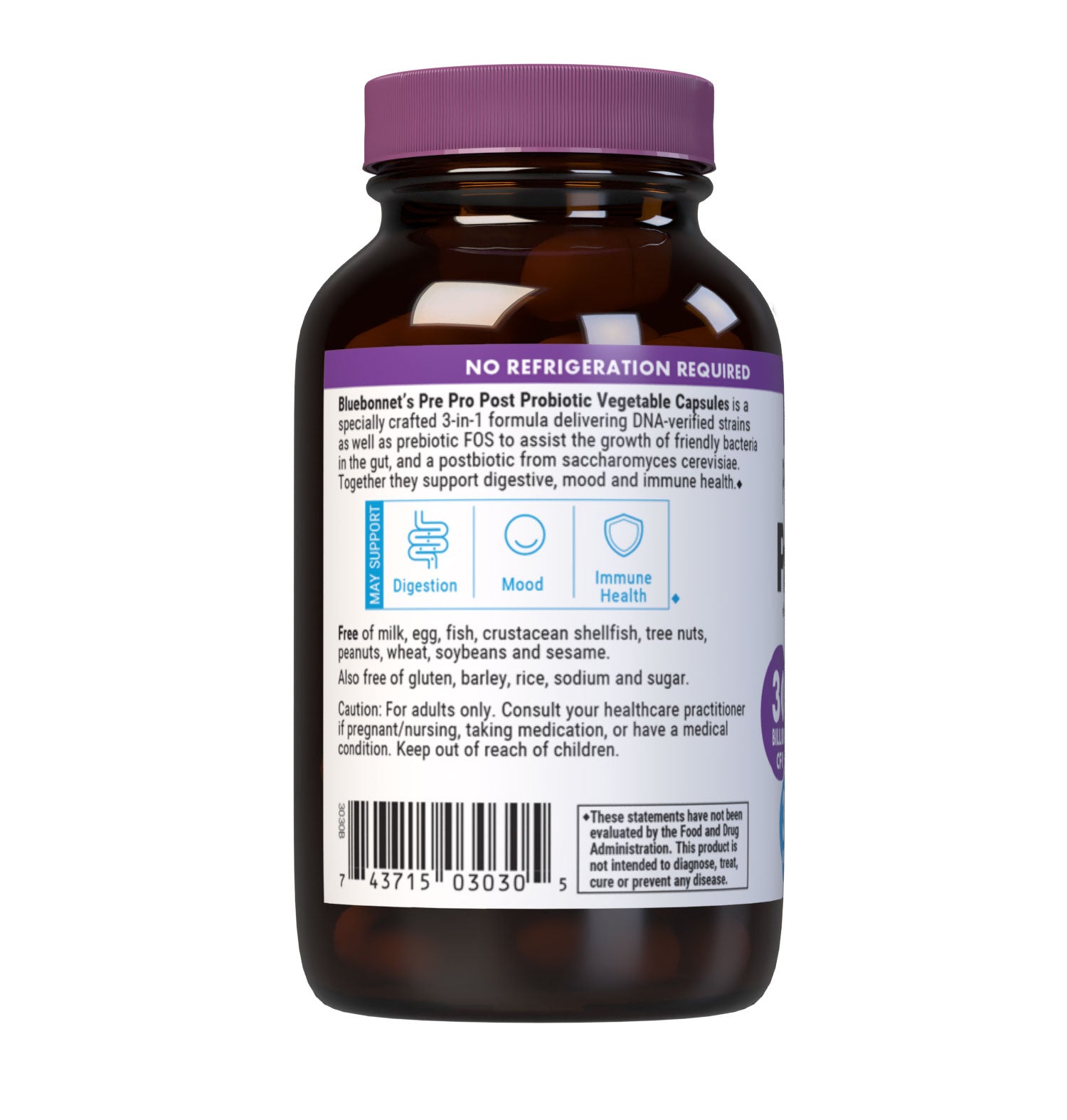 Bluebonnet's Pre Pro Post Probiotic vegetable capsules is a specially crafted 3-in-1 formula delivering DNA-verified strains as well as prebiotic FOS to assist the growth of friendly bacteria in the gut, and a postbiotic from saccharomyces cerevisiae. Together the support digestive, mood and immune health. Description panel. #size_30 count