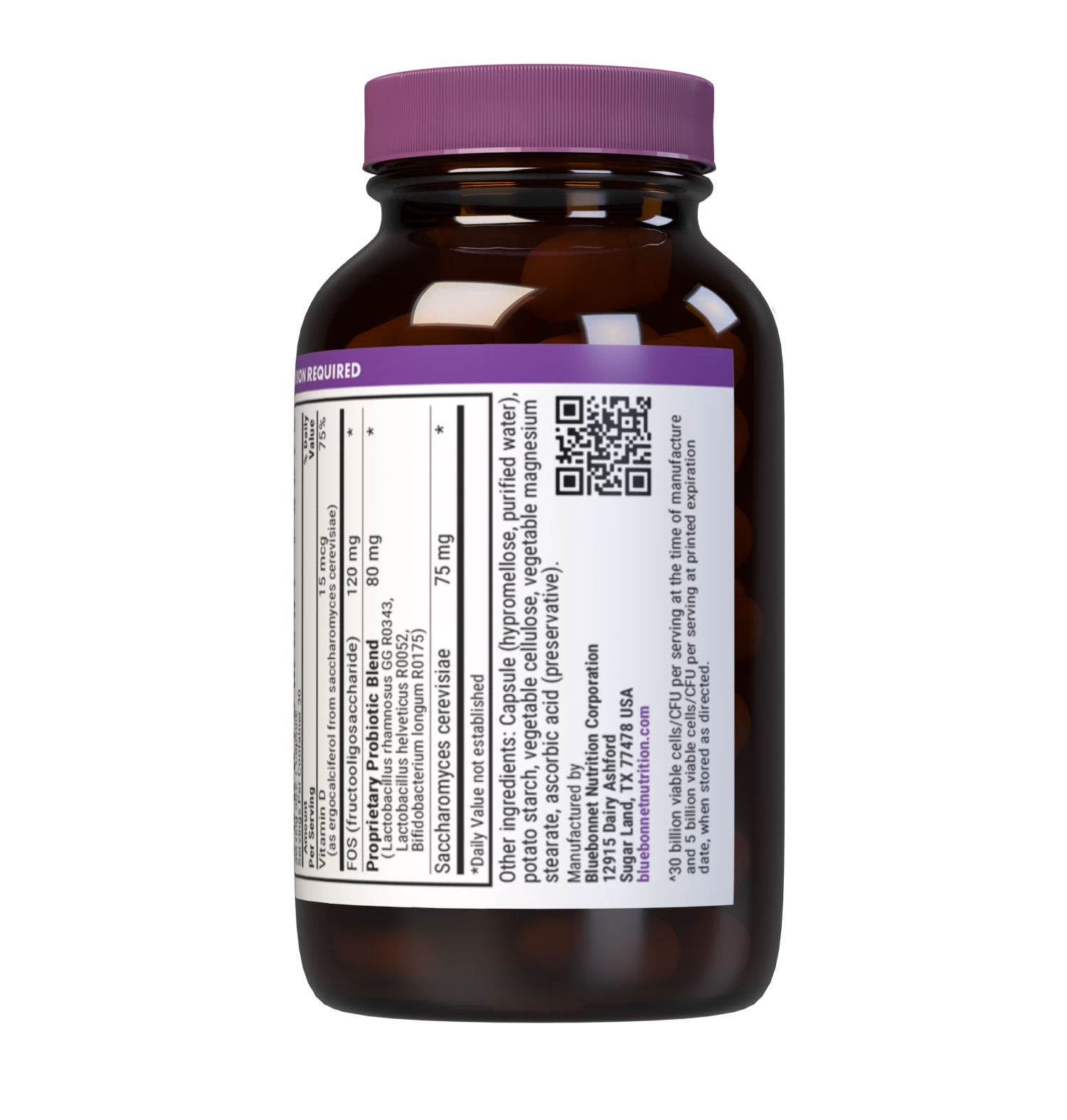 Bluebonnet's Pre Pro Post Probiotic vegetable capsules is a specially crafted 3-in-1 formula delivering DNA-verified strains as well as prebiotic FOS to assist the growth of friendly bacteria in the gut, and a postbiotic from saccharomyces cerevisiae. Together the support digestive, mood and immune health. Supplement facts panel -bottom part. #size_30 count