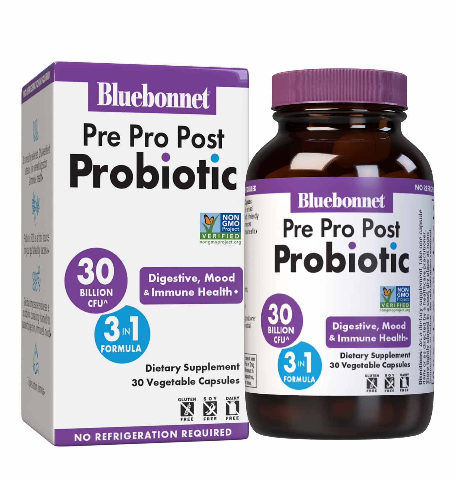 Bluebonnet's Pre Pro Post Probiotic vegetable capsules is a specially crafted 3-in-1 formula delivering DNA-verified strains as well as prebiotic FOS to assist the growth of friendly bacteria in the gut, and a postbiotic from saccharomyces cerevisiae. Together the support digestive, mood and immune health. Bottle and box image. #size_30 count