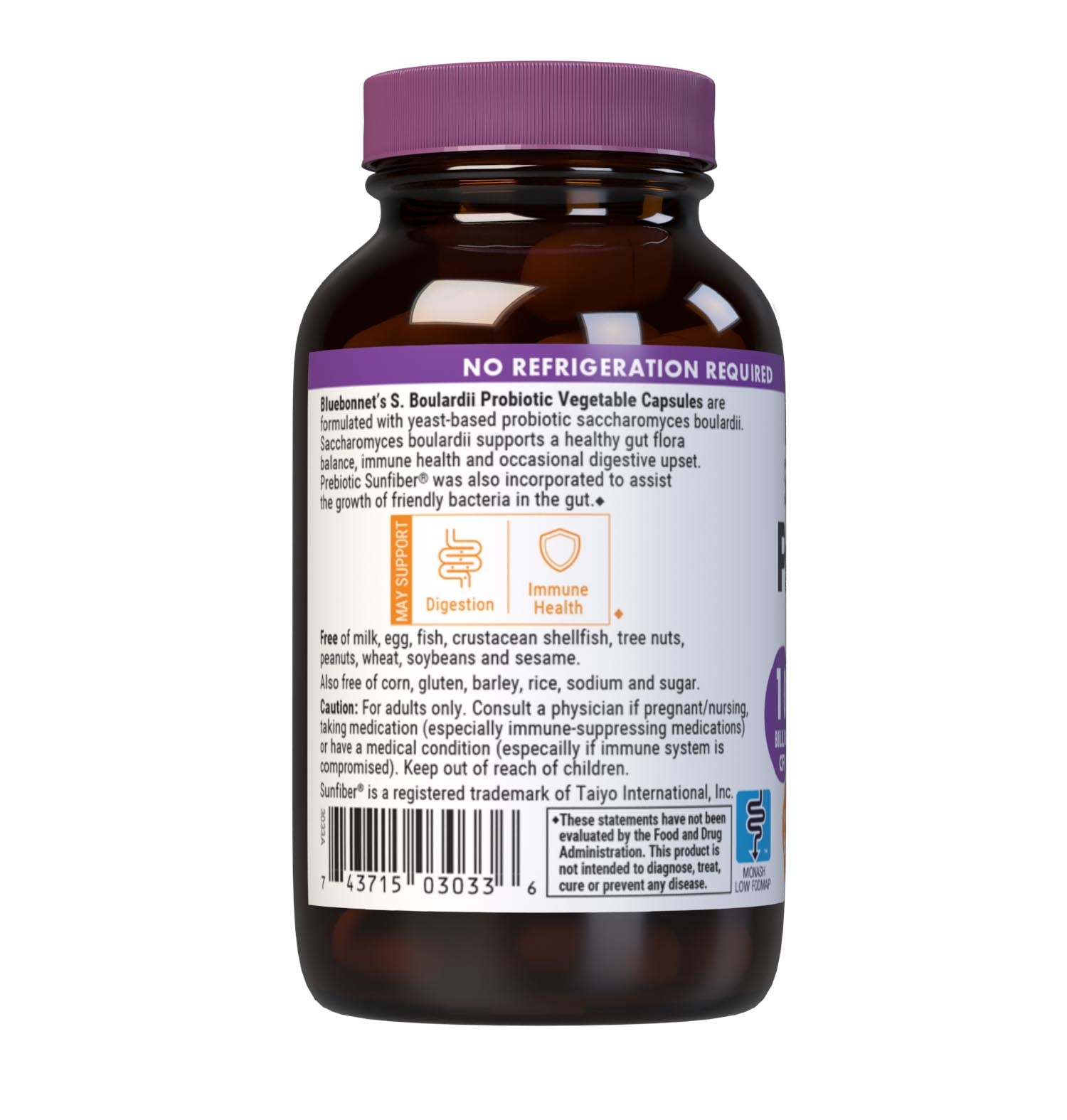 Bluebonnet's S. Boulardii Probiotic vegetable capsules are formulated with yeast-based probiotic saccharomyces boulardii. Saccharomyces boulardii supports a healthy gut flora balance, immune health, and occasional digestive upset. Prebiotic Sunfiber was also incorporated to assist the growth of friendly bacteria in the gut. Description panel. #size_30 count