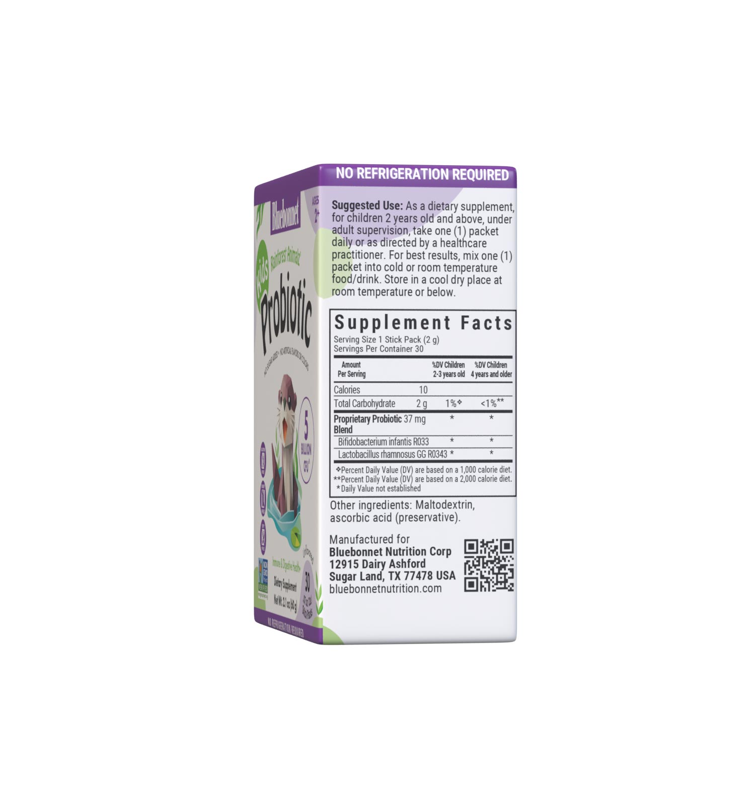 Rainforest Animalz Kids probiotic. Proprietary probiotic blend. For immune and digestive health. 30 individual stick packs. Supplement facts panel.