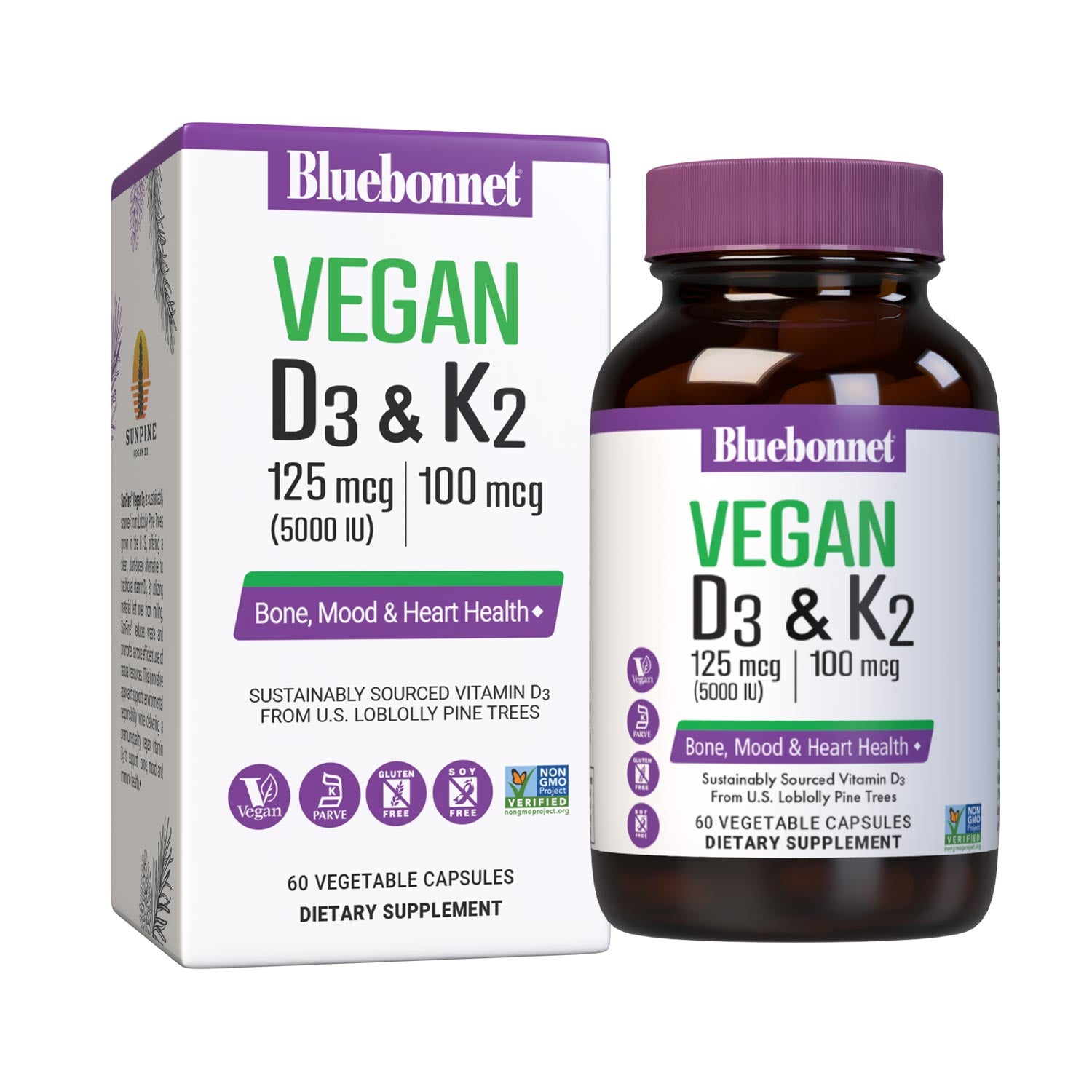 Vegan Vitamin D3 125 mcg (5000 iu) from SunPine from US Loblolly Pine Trees and K2 (MK-7) from natto, 60 vegetable capsules. Bottle with box. #size_60 count
