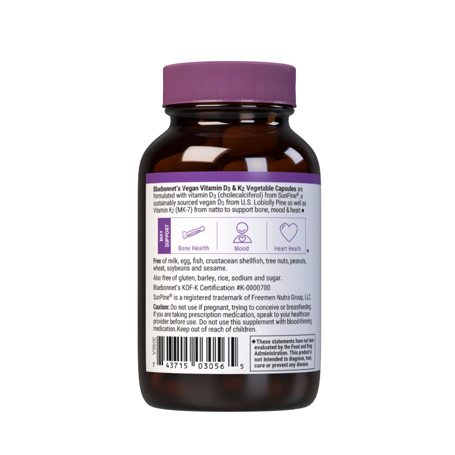 Vegan Vitamin D3 125 mcg (5000 iu) from SunPine from US Loblolly Pine Trees and K2 (MK-7) from natto, 60 vegetable capsules. Description panel. #size_60 count