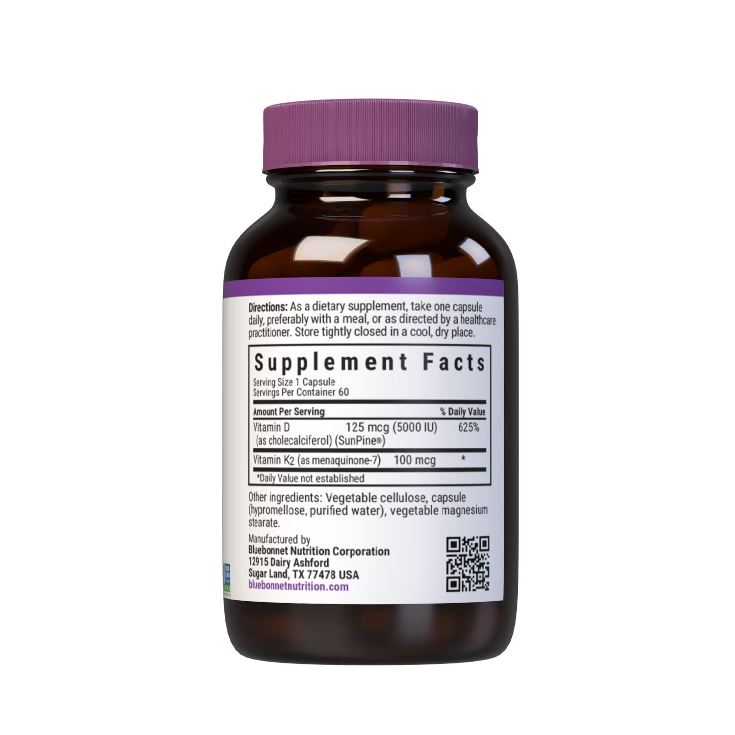Vegan Vitamin D3 125 mcg (5000 iu) from SunPine from US Loblolly Pine Trees and K2 (MK-7) from natto, 60 vegetable capsules. Supplement facts panel. #size_60 count