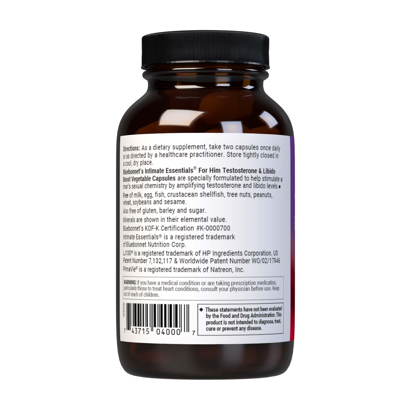 Bluebonnet’s Intimate Essentials For Him Testosterone & Libido Boost Vegetable Capsules are specially formulated to help stimulate a man’s sexual chemistry by amplifying testosterone and libido levels. Description panel. #size_30 count