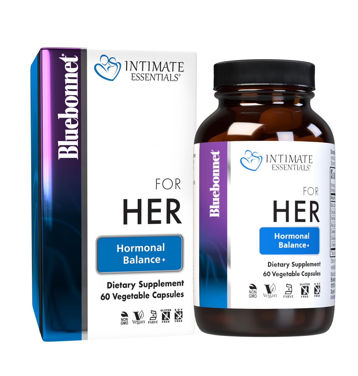 Bluebonnet’s Intimate Essentials® For Her Hormonal Balance Capsules are specially formulated to help boost a woman’s sexual energy and youthful vibrance by balancing hormones during PMS and menopause. Available in easy-to-swallow vegetable capsules for maximum assimilation and absorption. Bottle with box. #size_60 count